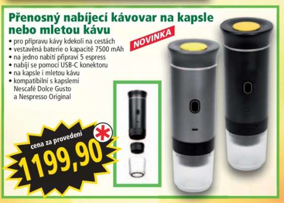 Přenosný nabíjecí kávovar na kapsle nebo mletou kávu