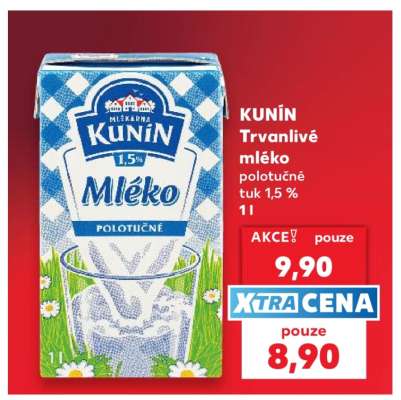 KUNÍN Trvanlivé mléko polotučné tuk 1,5% 1l