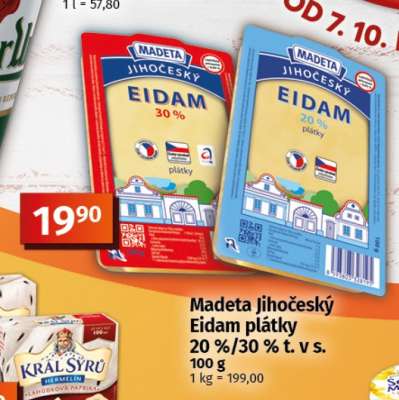 Madeta Jihočeský Eidam plátky 20 %/30 % t. v s.