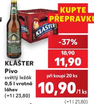 KLÁŠTER Pivo světlý ležák 0,5 l vratná láhev
