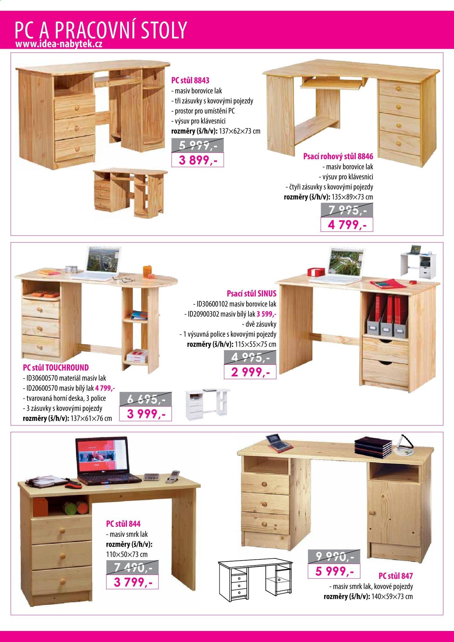 Leták IDEA nábytek - Produkty v akci - deska, police, stůl, rohový stůl, psací stůl, pc stůl. Strana 44.