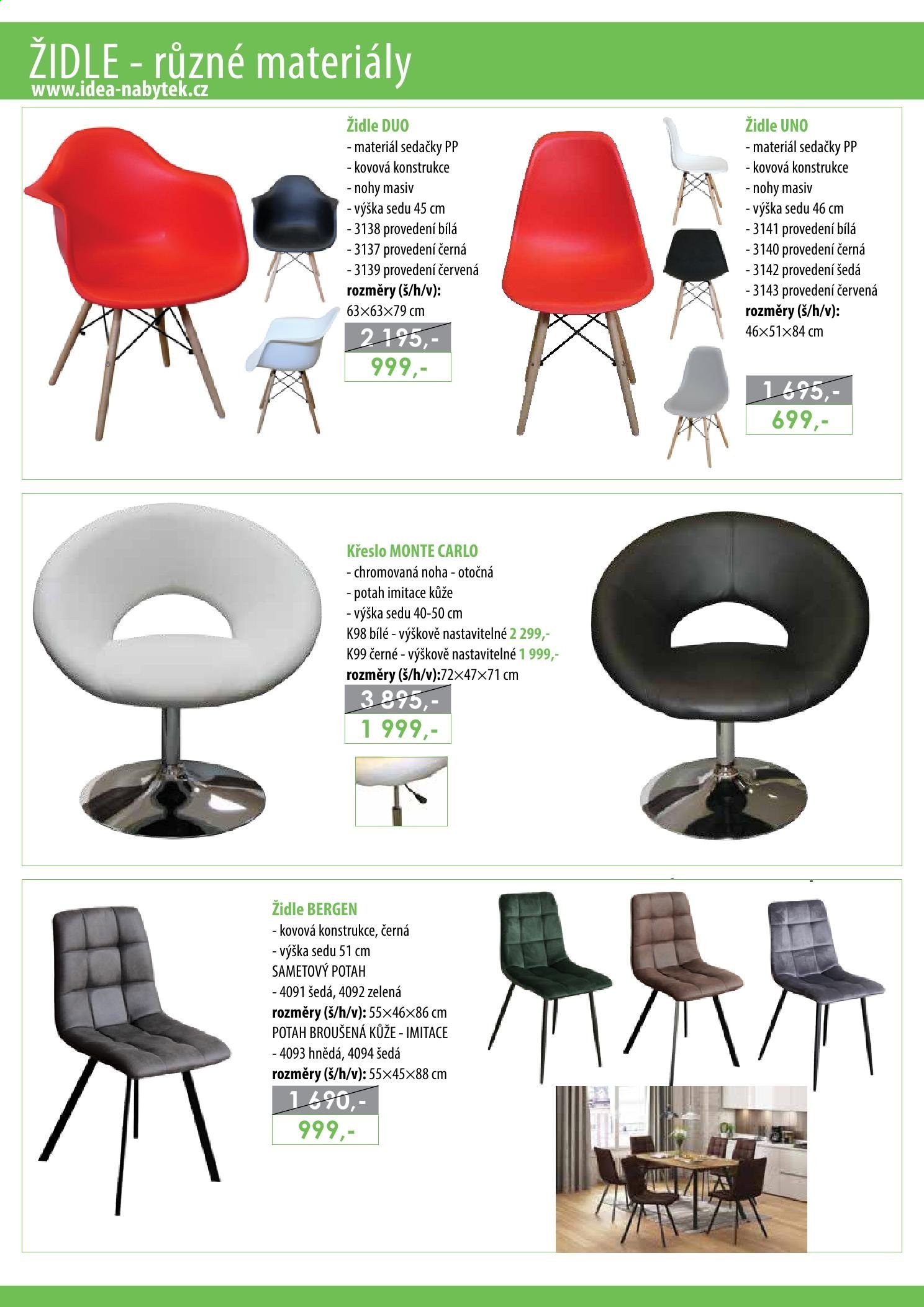 Leták IDEA nábytek - Produkty v akci - židle, křeslo, sedačka, potah. Strana 56.