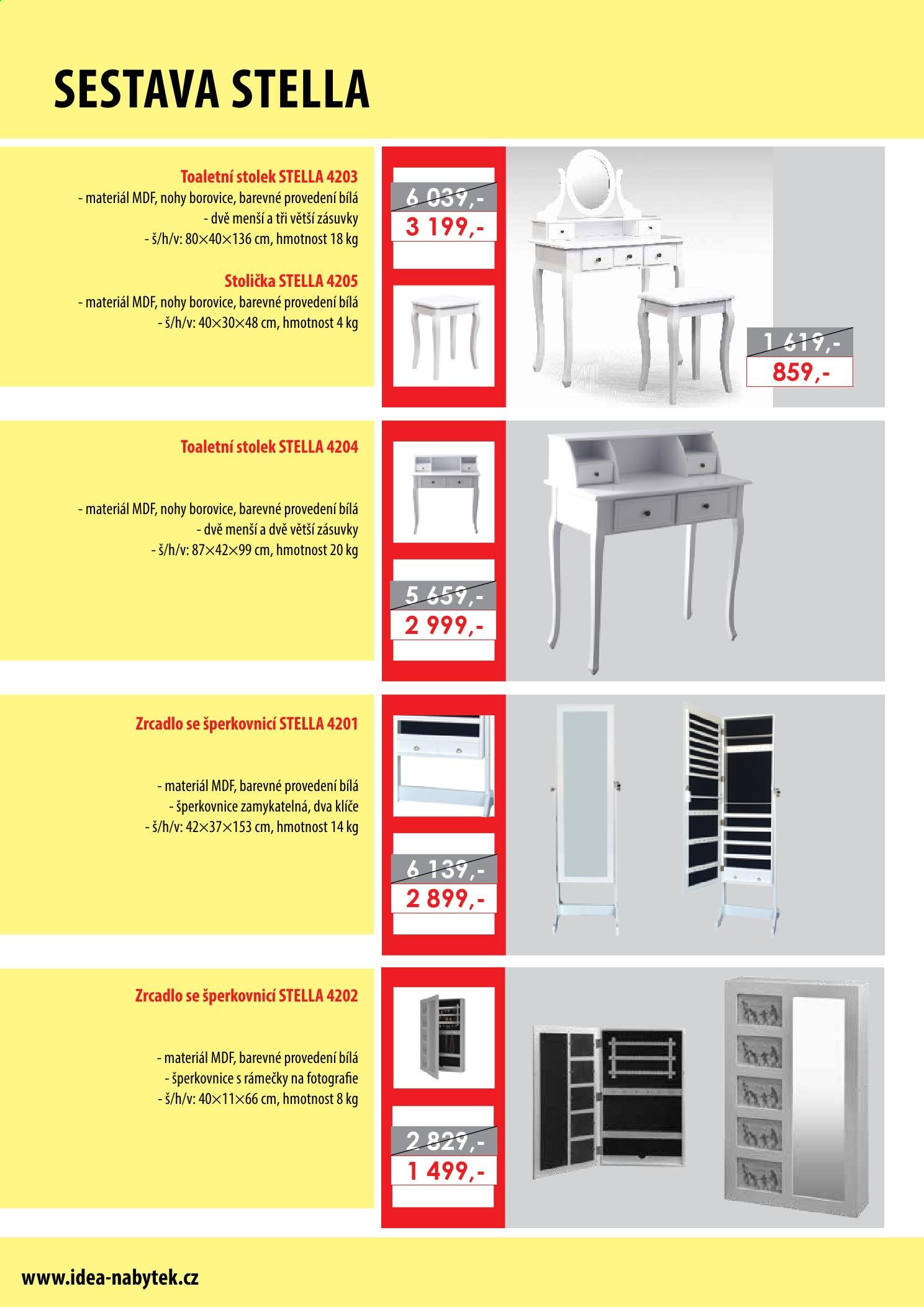 Leták IDEA nábytek - Produkty v akci - stolek, stolička, toaletní stolek, rámeček, šperkovnice, zrcadlo. Strana 93.