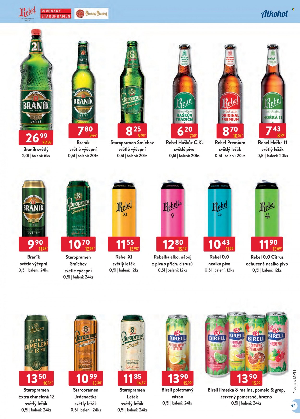 Leták Astur & Qanto velkoobchod - 1.1.2022 - 31.1.2022 - Produkty v akci - světlé pivo, Staropramen, Birell, Braník, světlý ležák, ležák, pivo, nealkoholické pivo, Rebel. Strana 41.