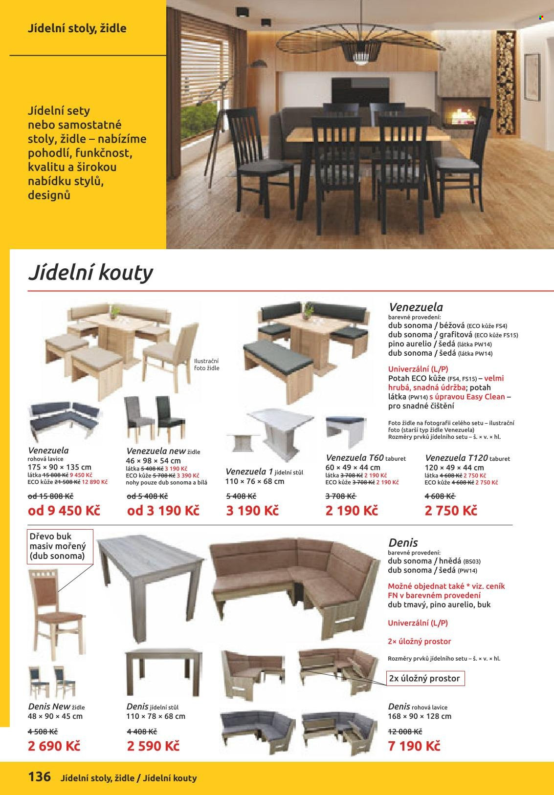 Leták ORFA nábytek - Produkty v akci - jídelní stůl, stůl, lavice, židle, taburet. Strana 60.