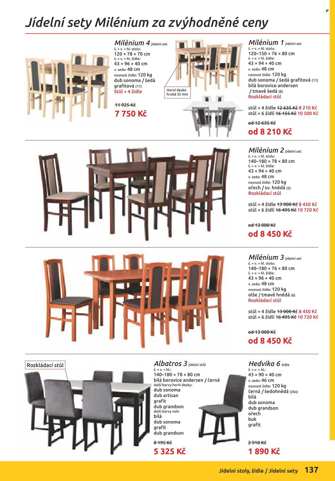 Leták ORFA nábytek - Produkty v akci - deska, jídelní stůl, stůl, židle. Strana 61.