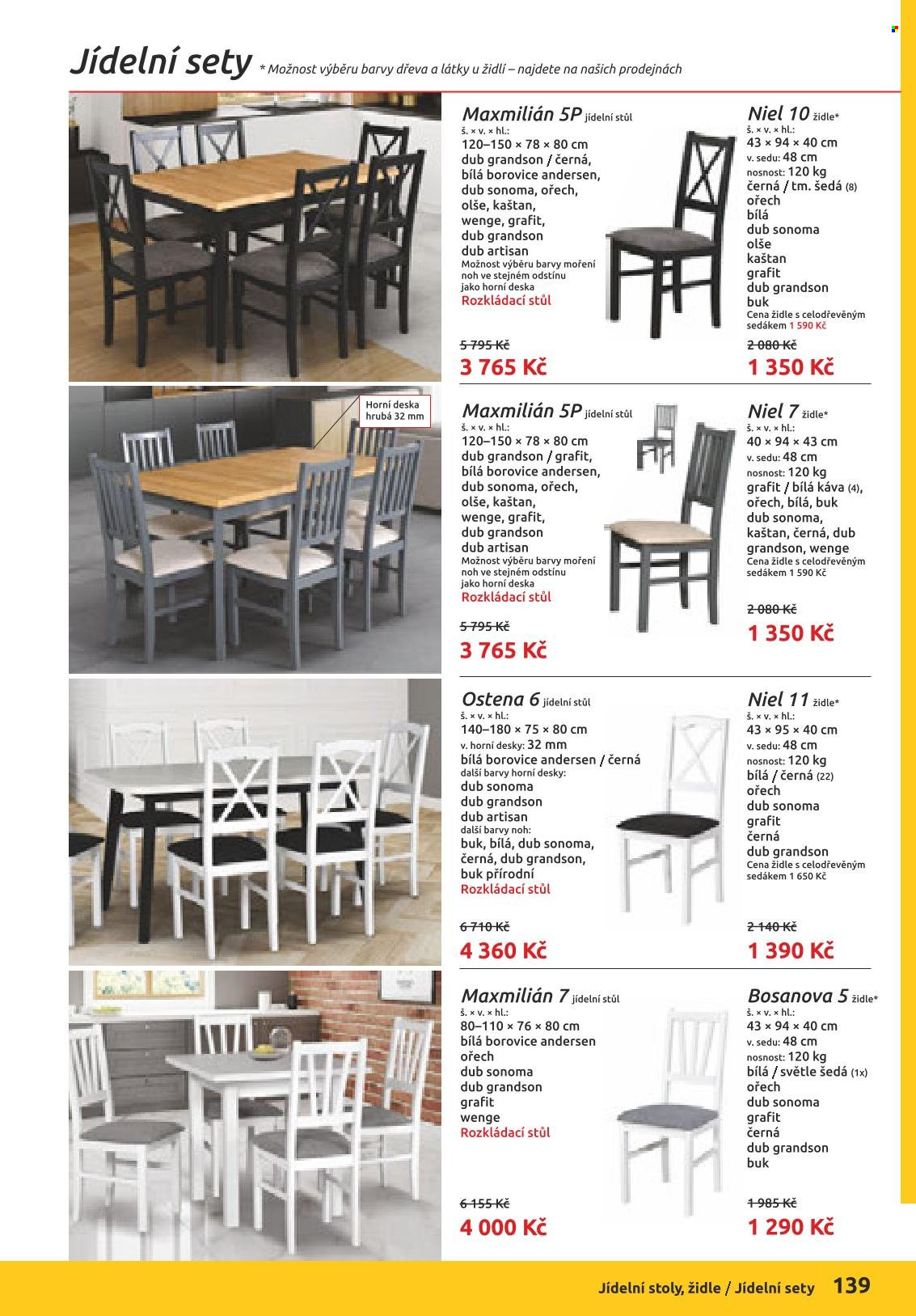 Leták ORFA nábytek - Produkty v akci - deska, jídelní stůl, stůl, židle. Strana 63.