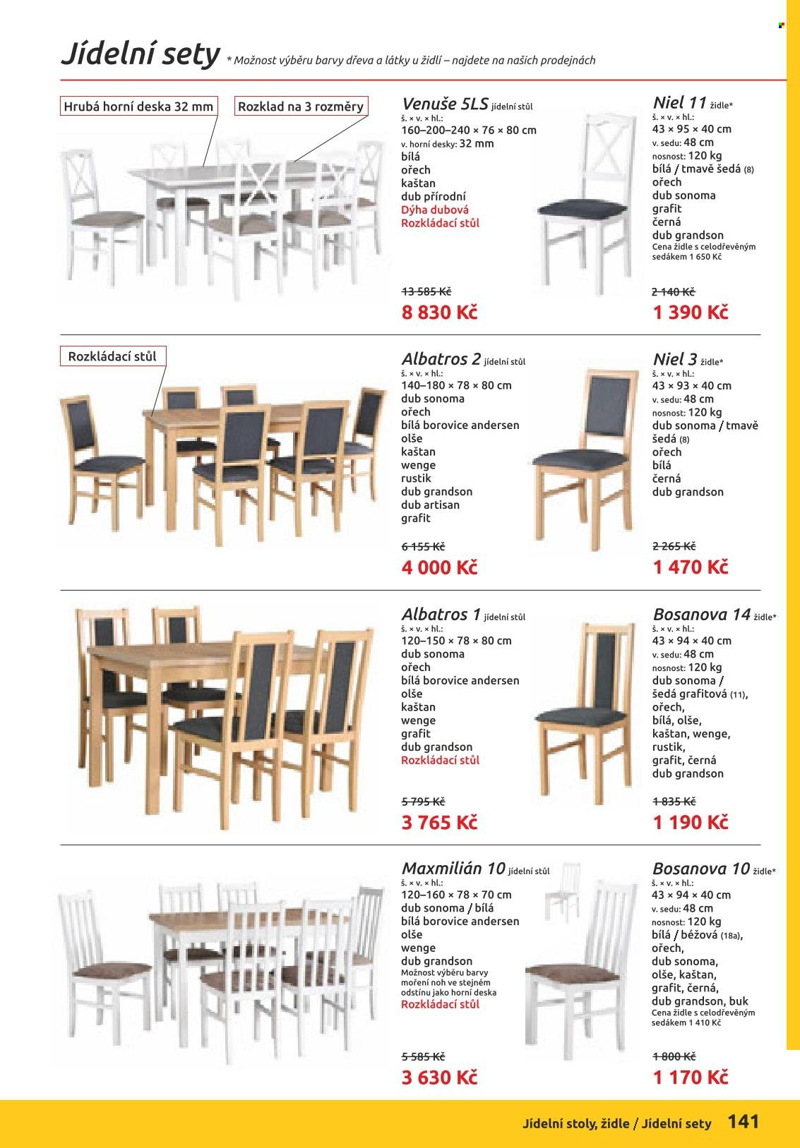 Leták ORFA nábytek - Produkty v akci - deska, jídelní stůl, stůl, židle. Strana 65.
