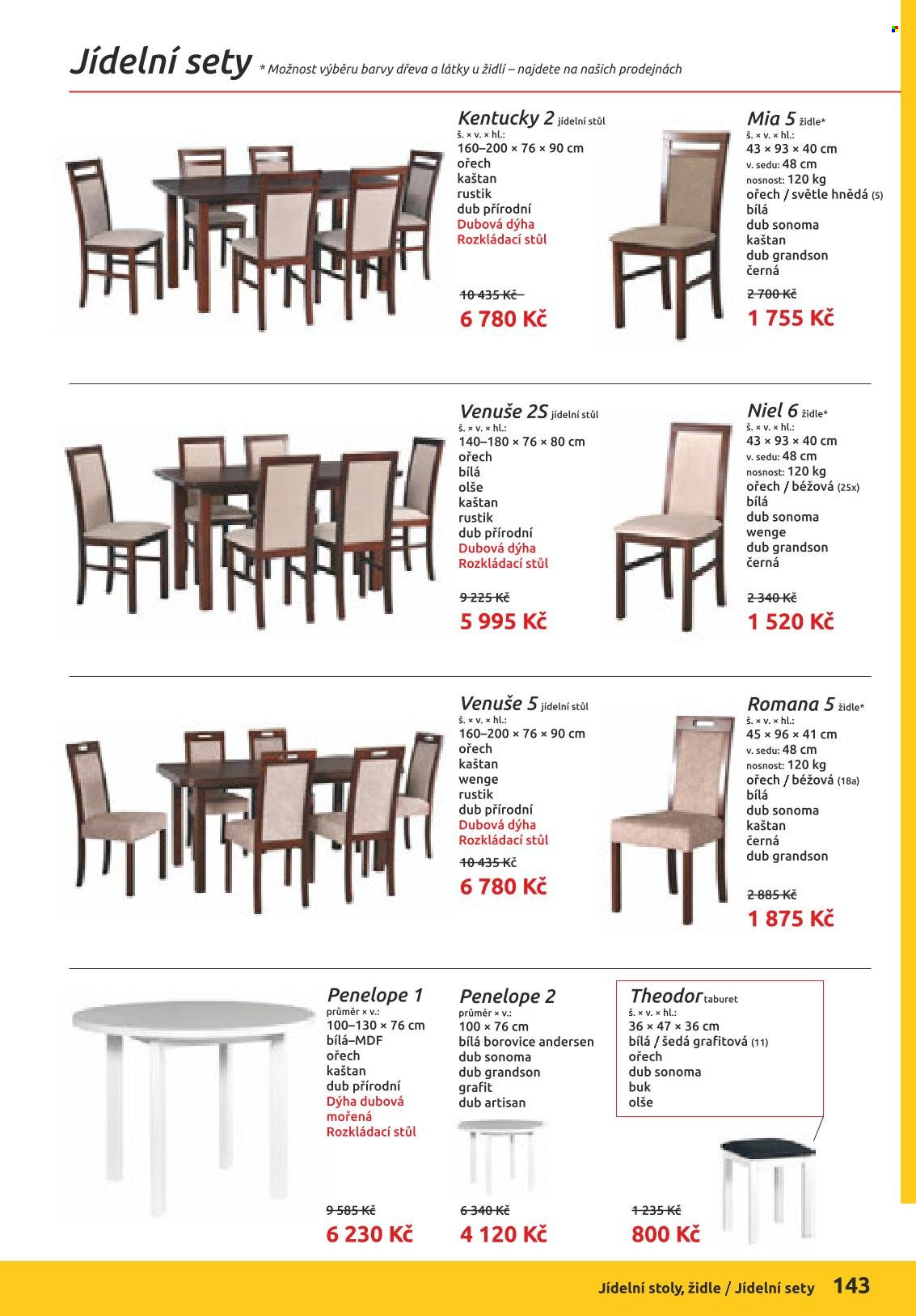 Leták ORFA nábytek - Produkty v akci - jídelní stůl, stůl, židle. Strana 67.