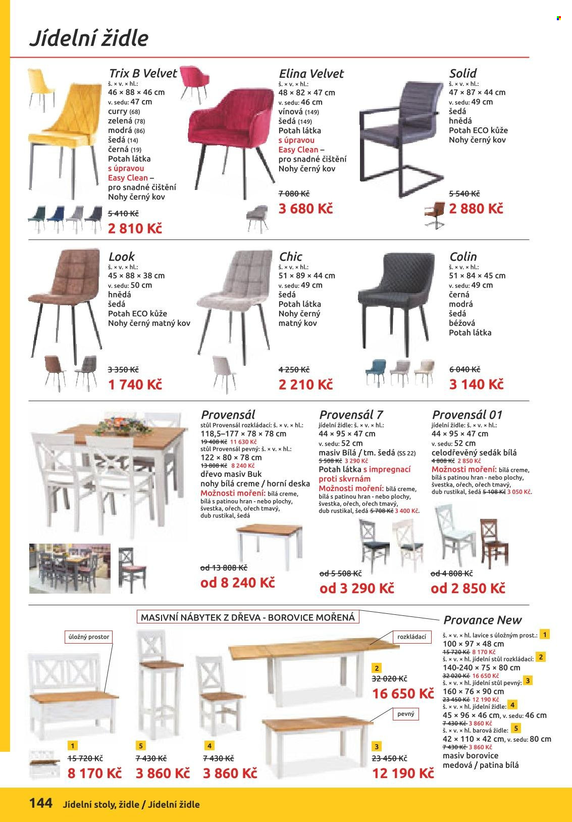 Leták ORFA nábytek - Produkty v akci - deska, jídelní stůl, stůl, jídelní židle, lavice, barová židle, židle, podsedák. Strana 68.