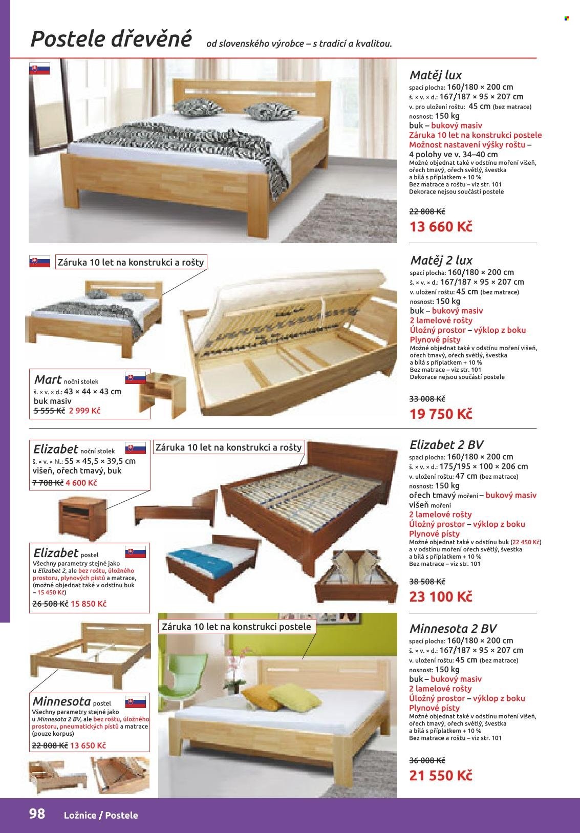 Leták ORFA nábytek - Produkty v akci - stolek, ložnicový systém, postel, matrace, rošt, noční stolek. Strana 143.