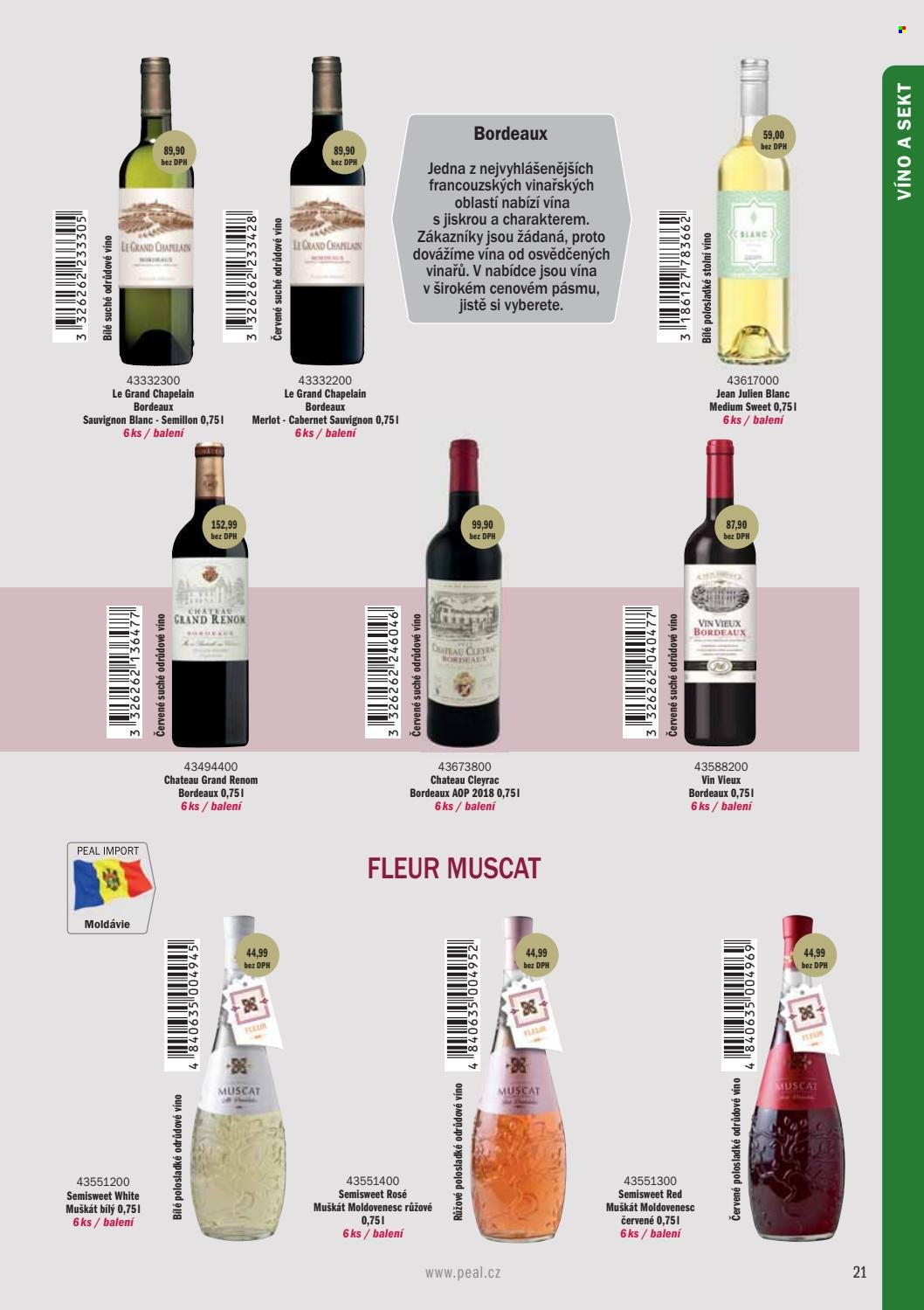 Leták PEAL - Produkty v akci - alkohol, bílé víno, červené víno, sekt, Bordeaux, Merlot, víno, Cabernet Sauvignon, Sauvignon Blanc, Muscat. Strana 23.