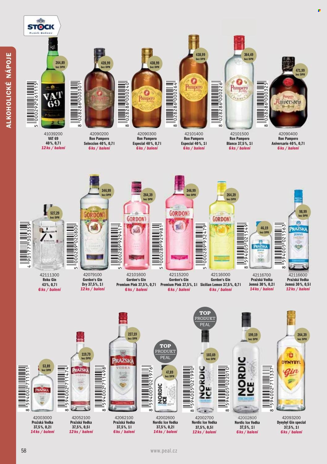 Leták PEAL - Produkty v akci - alkohol, vodka, rum, gin, Pražská vodka, Gordon's, Pampero, Dynybyl, Nordic Ice. Strana 60.