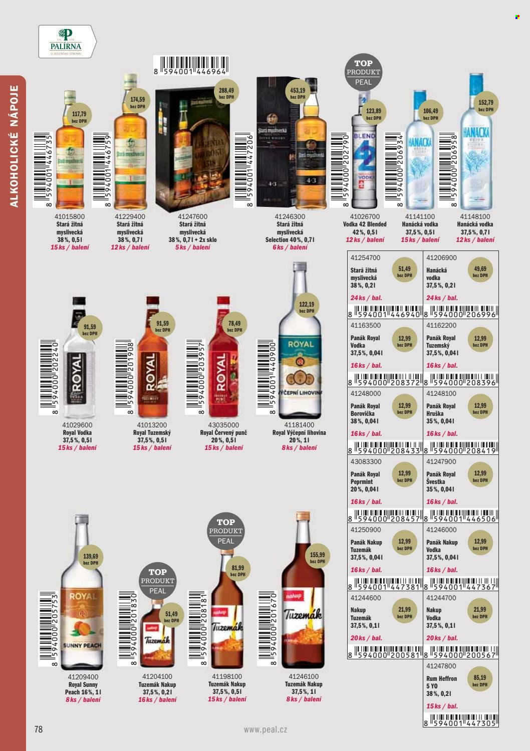 Leták PEAL - Produkty v akci - punč, alkohol, Stará Myslivecká, vodka, rum, Tuzemák, whisky, borovička, Vodka 42, Hanácká vodka, peprmintový likér, Heffron, Royal. Strana 80.