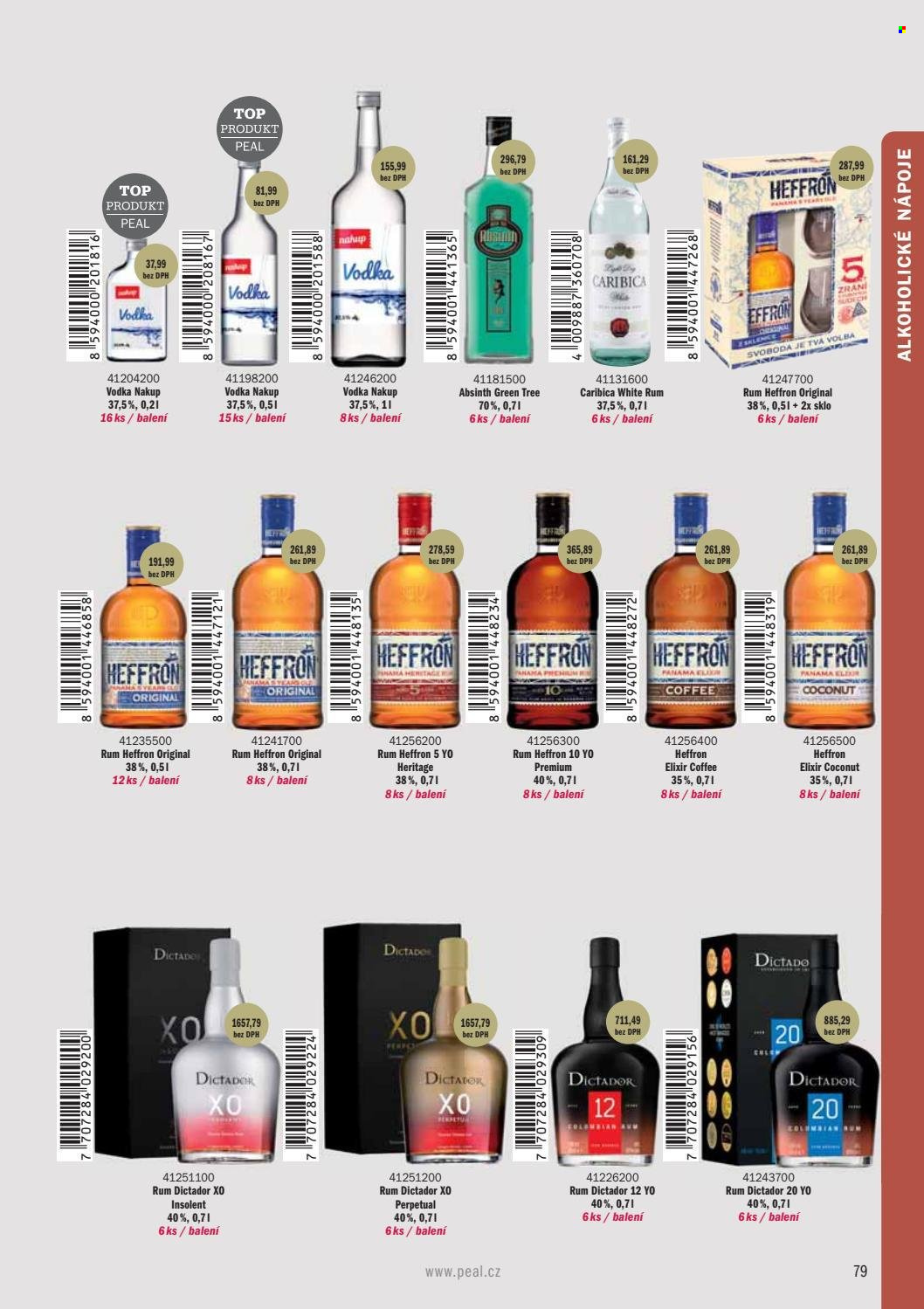 Leták PEAL - Produkty v akci - alkohol, vodka, rum, Elixir, Heffron, Absinth, Dictador. Strana 81.