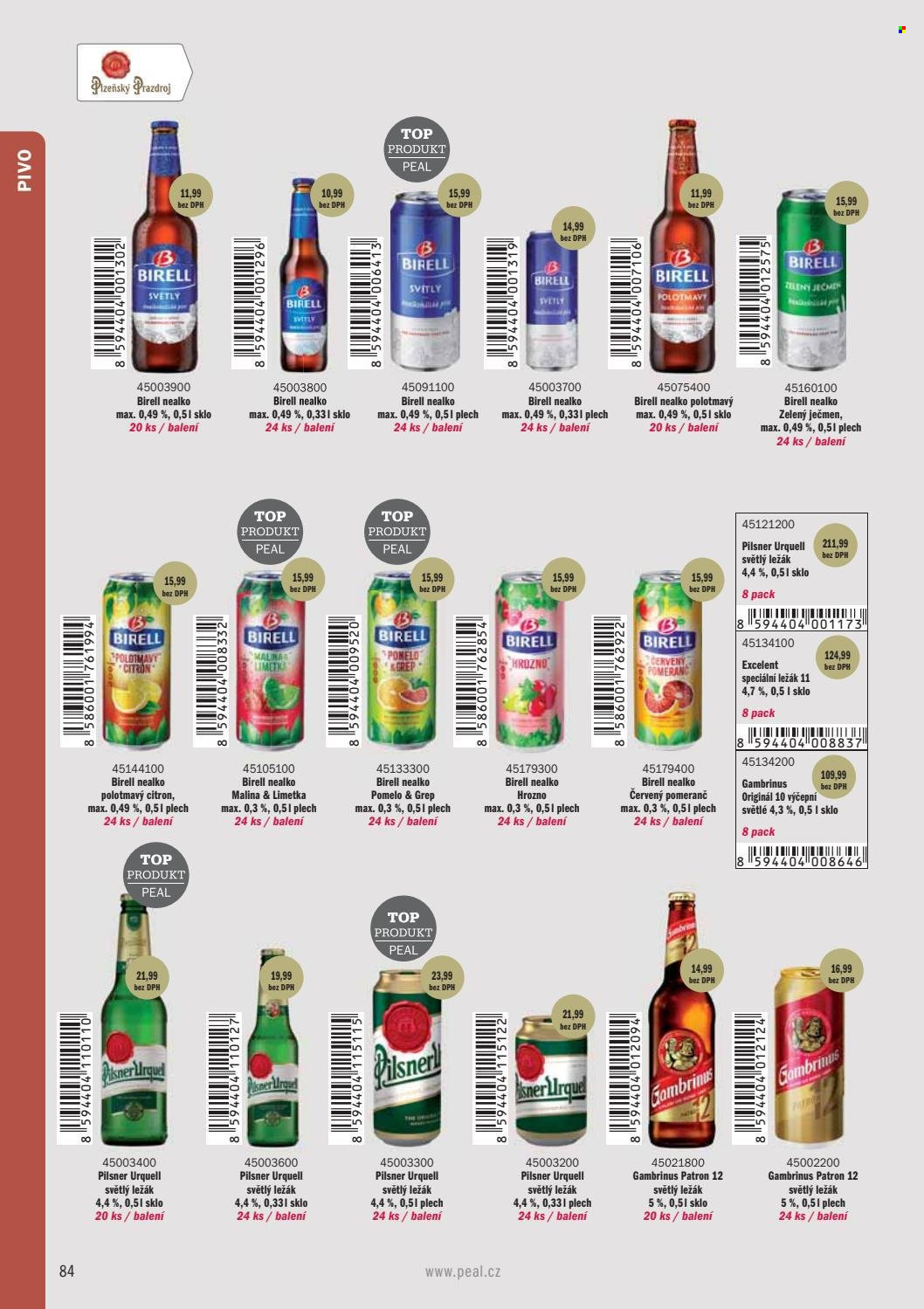 Leták PEAL - Produkty v akci - Gambrinus, světlé pivo, Birell, Excelent, světlý ležák, ležák, Patron, pivo, nealkoholické pivo. Strana 86.