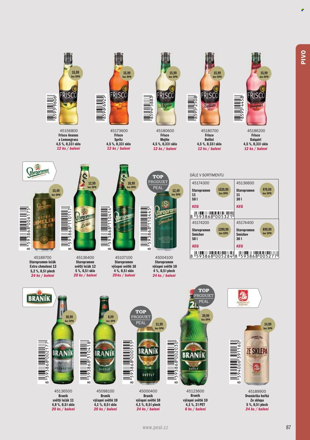 Leták PEAL - Produkty v akci - světlé pivo, Staropramen, Braník, světlý ležák, ležák, pivo, alkohol, cider, Frisco, mojito. Strana 89.
