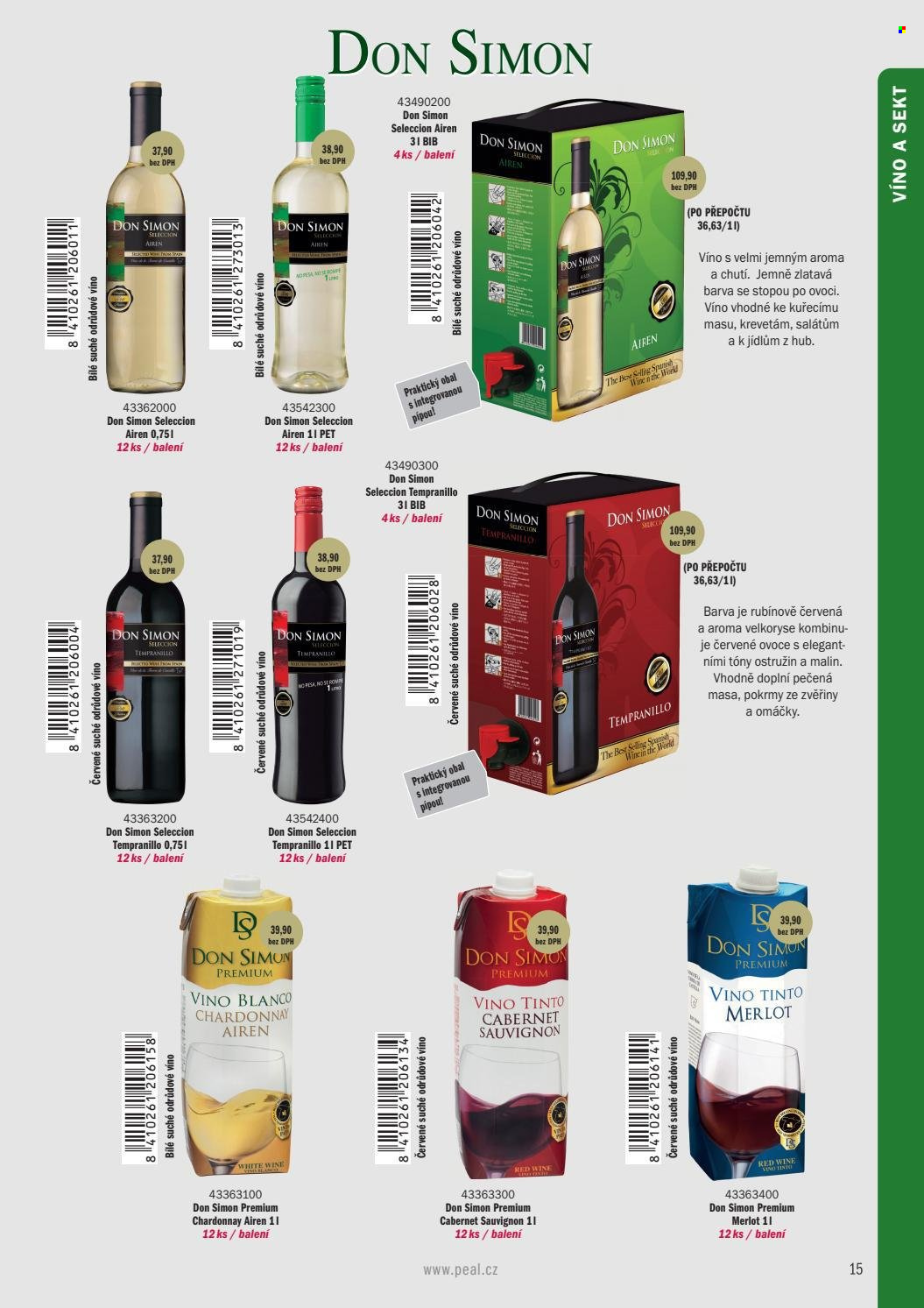 Leták PEAL - Produkty v akci - alkohol, bílé víno, červené víno, sekt, Chardonnay, Merlot, víno, Cabernet Sauvignon, Tempranillo. Strana 5.
