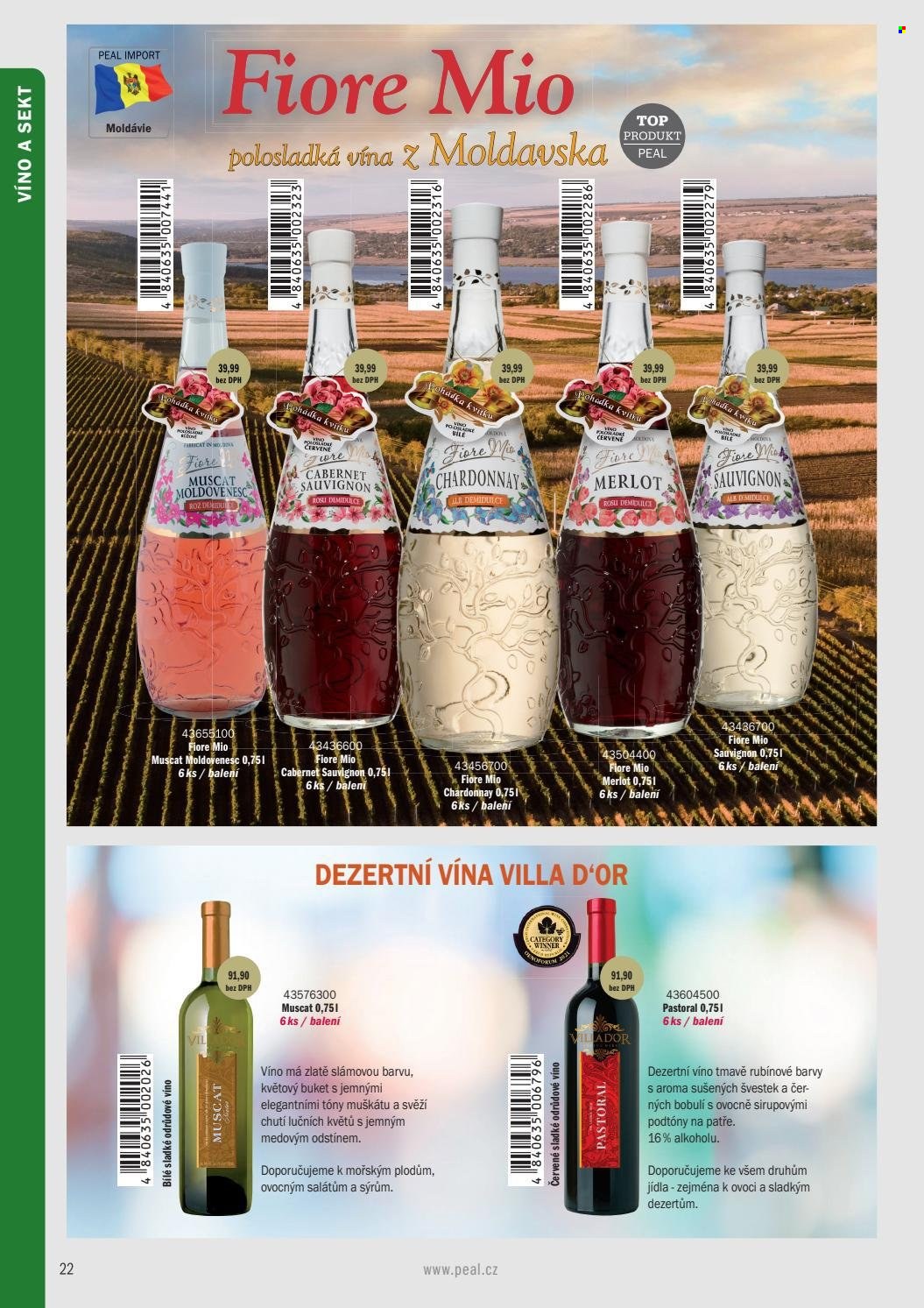 Leták PEAL - Produkty v akci - alkohol, bílé víno, červené víno, sekt, Chardonnay, Merlot, víno, Cabernet Sauvignon, Muscat. Strana 12.