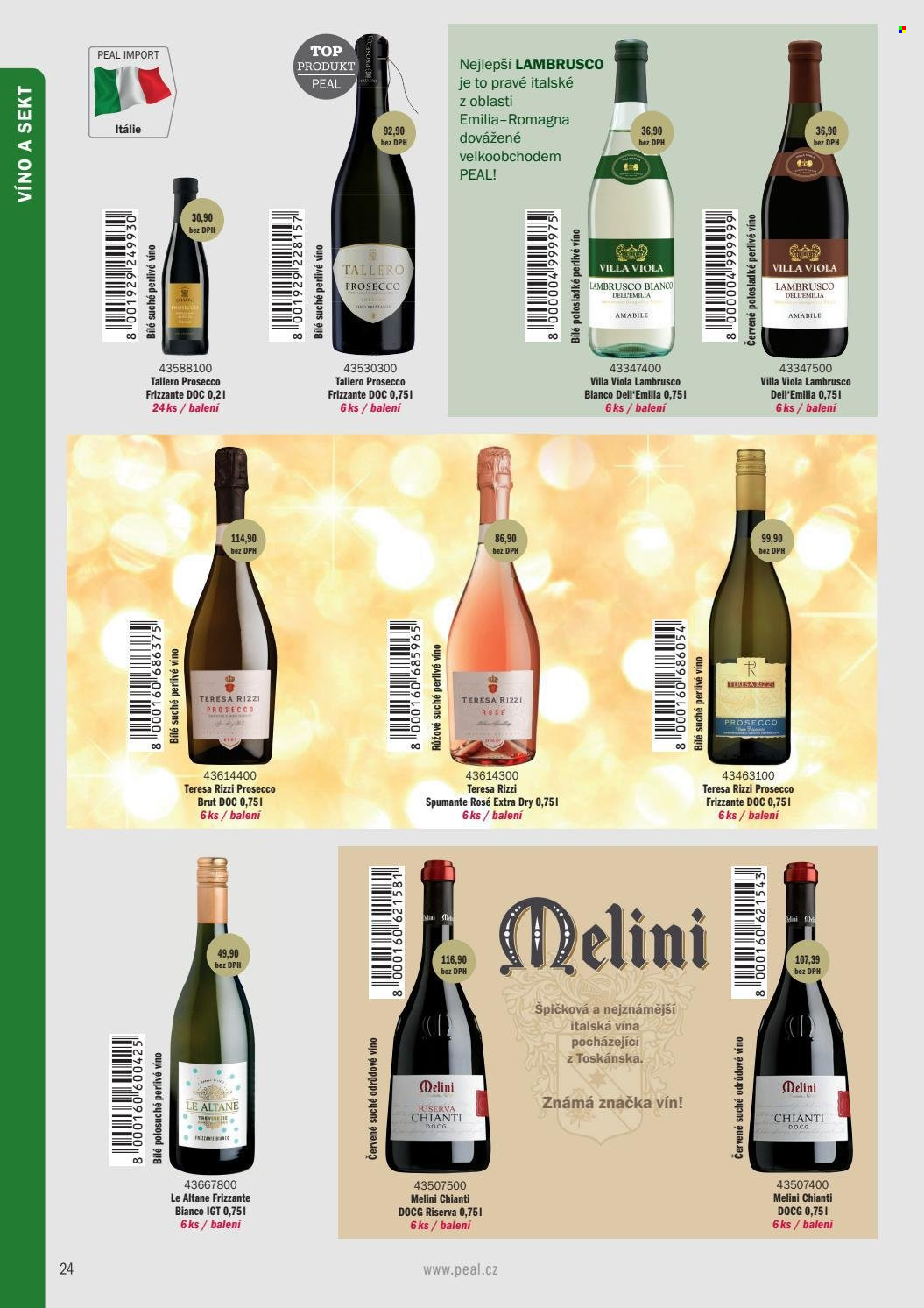 Leták PEAL - Produkty v akci - alkohol, červené víno, sekt, Chianti, Lambrusco, Prosecco, víno, Frizzante, Brut, perlivé víno. Strana 14.