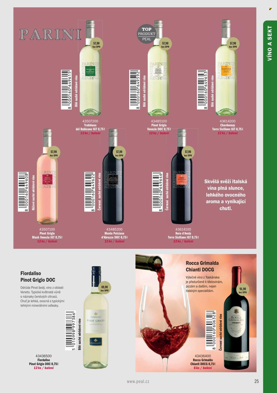Leták PEAL - Produkty v akci - alkohol, bílé víno, červené víno, sekt, Pinot Grigio, Chardonnay, Chianti, víno, Nero d'Avola, Rocca. Strana 15.