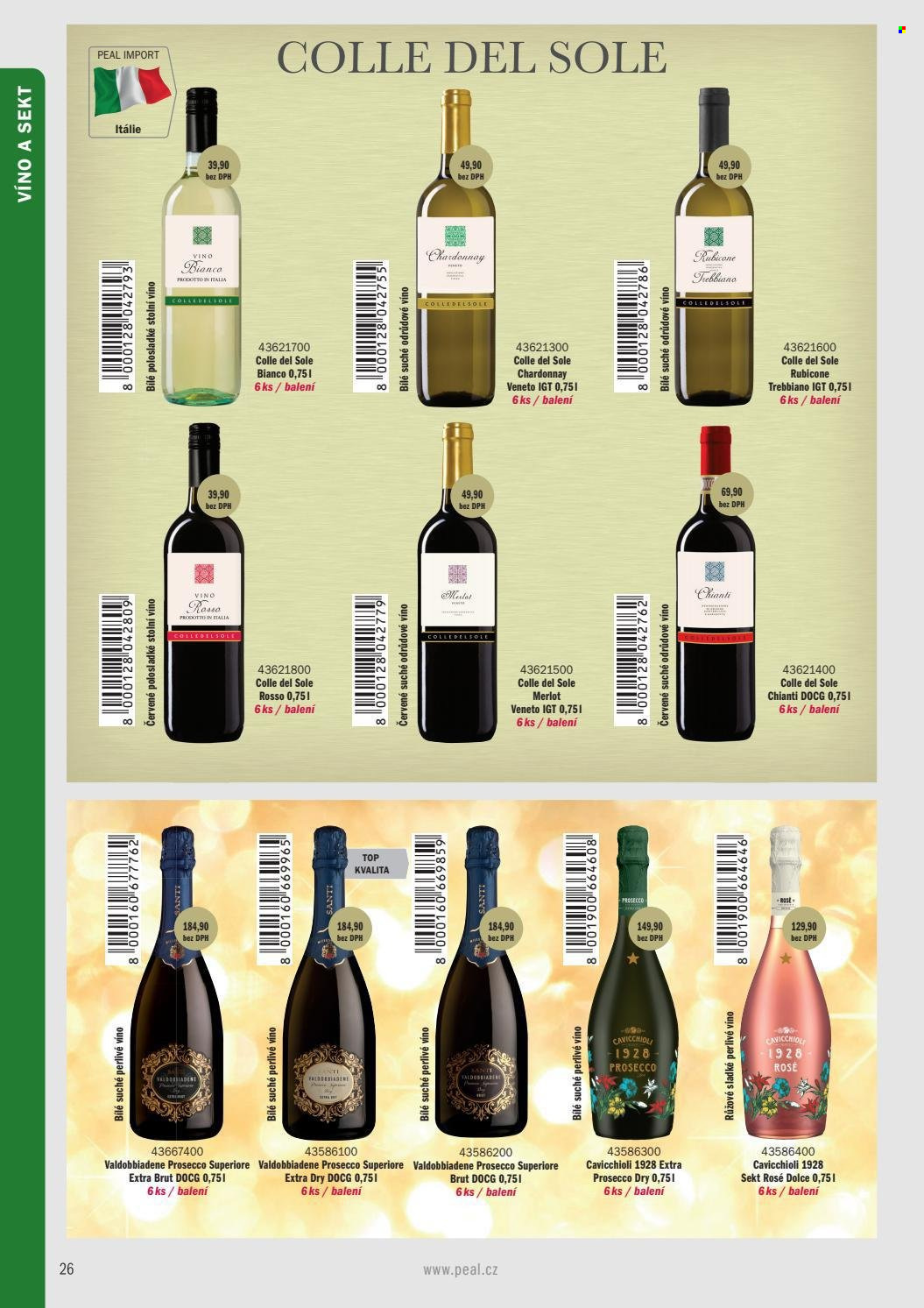 Leták PEAL - Produkty v akci - alkohol, červené víno, sekt, Chardonnay, Chianti, Merlot, Prosecco, víno, šumivé víno, Brut, perlivé víno, Valdobbiadene. Strana 16.