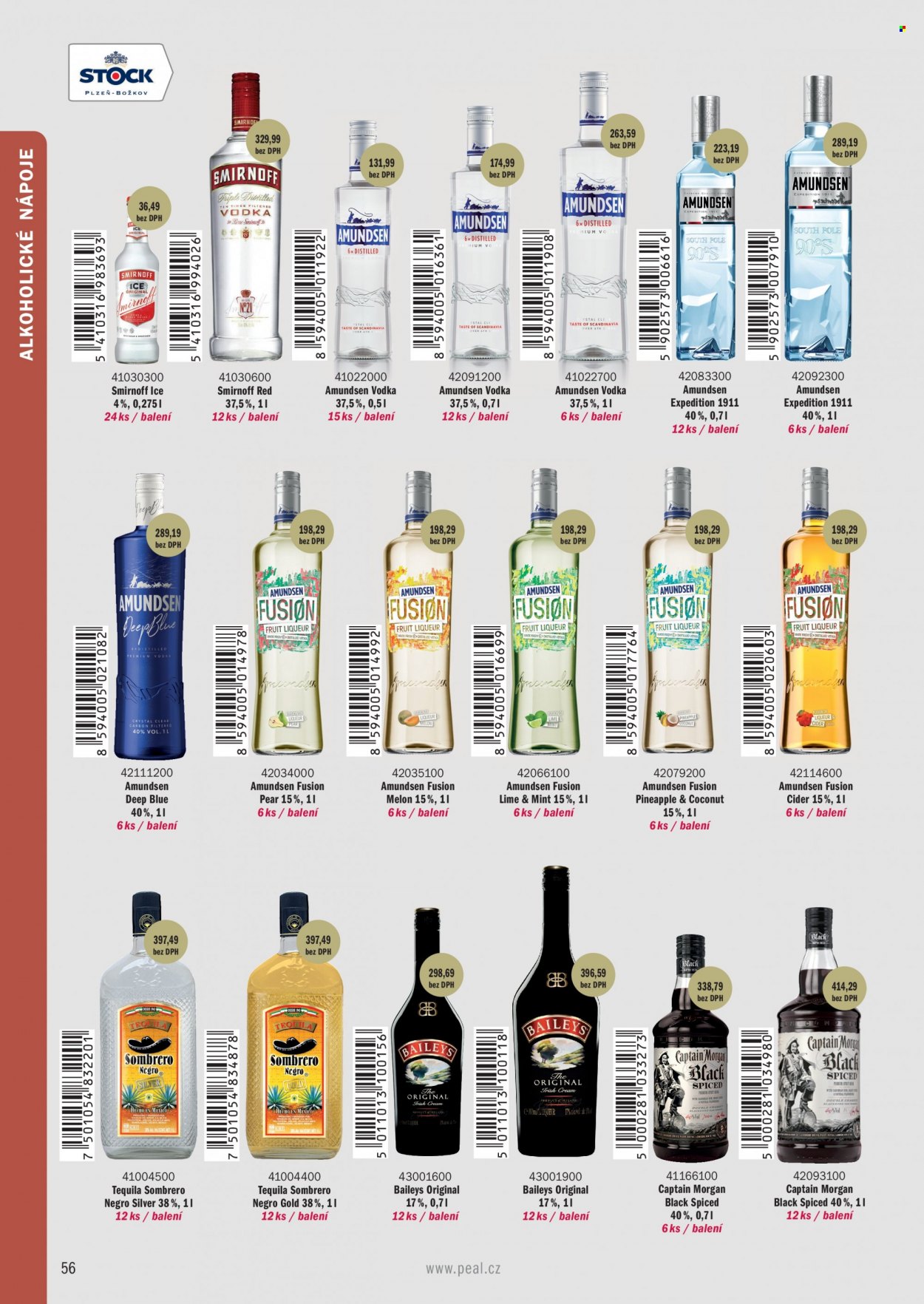 Leták PEAL - Produkty v akci - alkohol, vodka, rum, Captain Morgan, cider, tequila, likér, Amundsen, Baileys, Smirnoff. Strana 14.