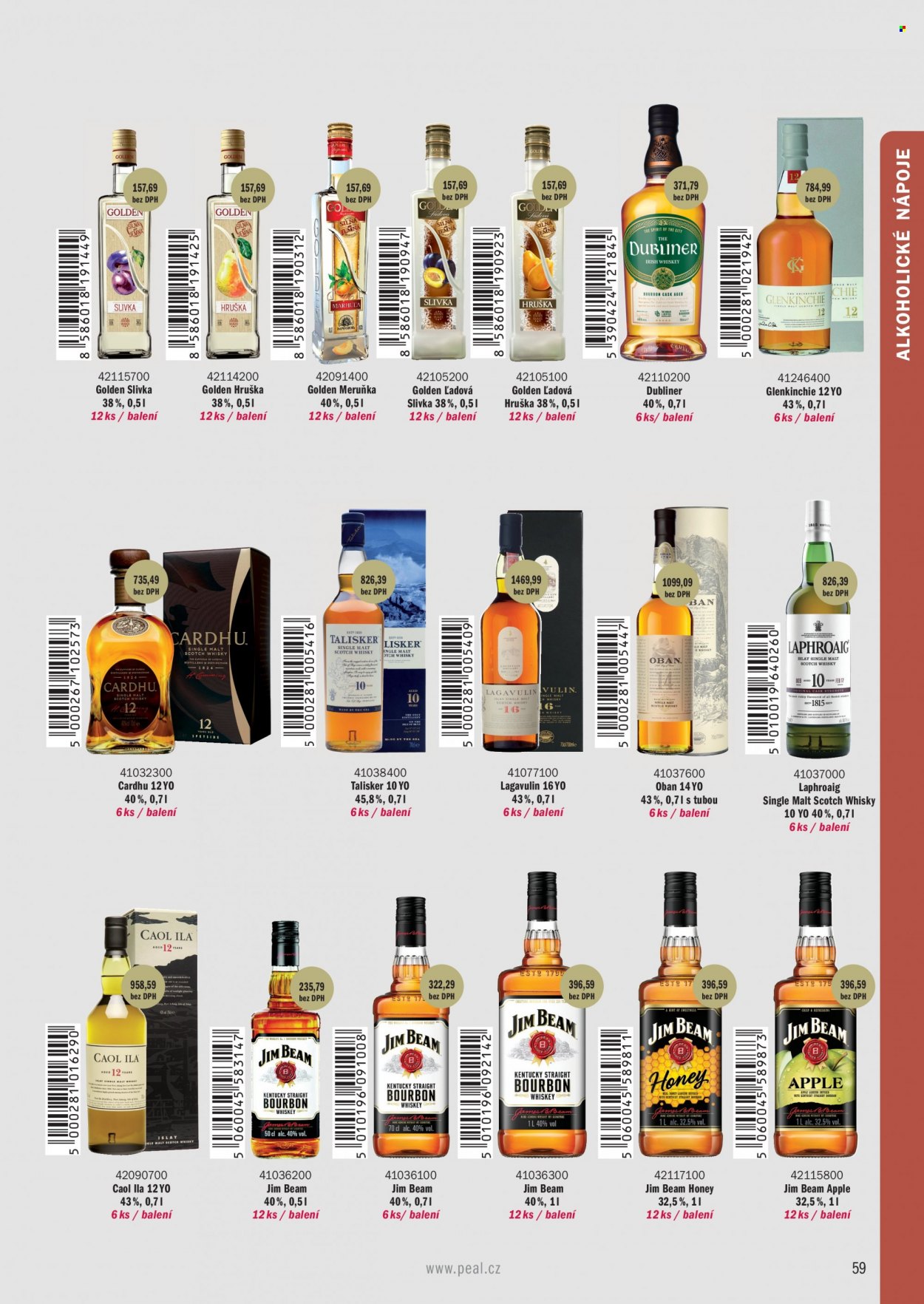 Leták PEAL - Produkty v akci - alkohol, whisky, Bourbon, slivovice, hruškovice, Jim Beam, Jim Beam Honey, Jim Beam Apple, Golden, Meruňka, Talisker, Laphroaig. Strana 17.