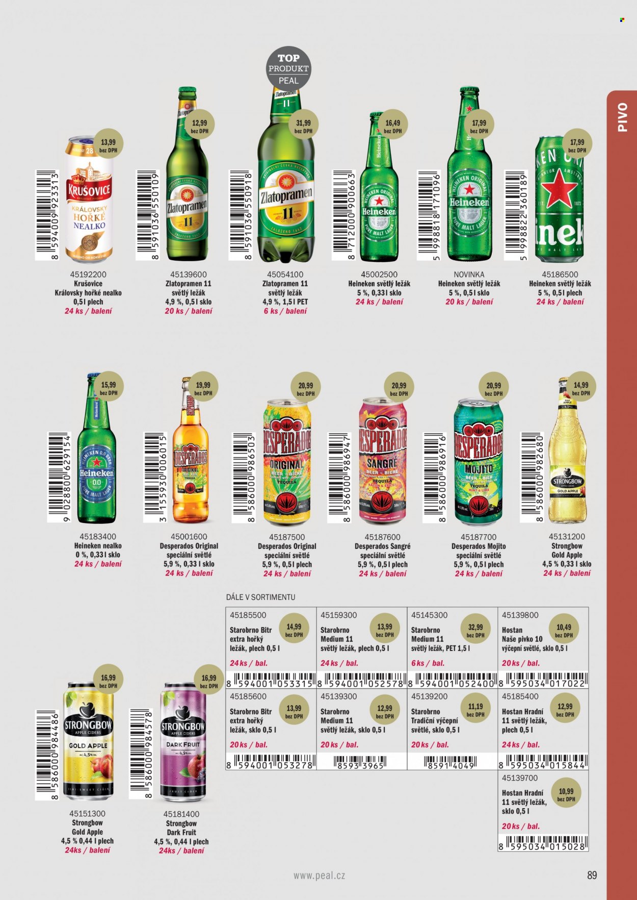 Leták PEAL - Produkty v akci - nealkoholický nápoj, světlé pivo, Zlatopramen, Krušovice, Královský ležák, světlý ležák, ležák, Heineken, Starobrno, nealkoholické pivo, Desperados, cider, Strongbow. Strana 47.