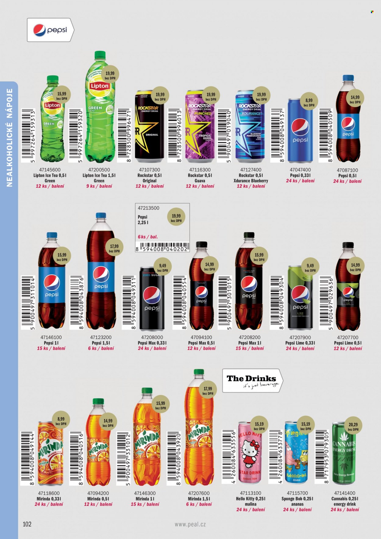 Leták PEAL - Produkty v akci - energetický nápoj, Hello, limonáda, Mirinda, Pepsi, Lipton, ledový čaj, Rockstar. Strana 12.