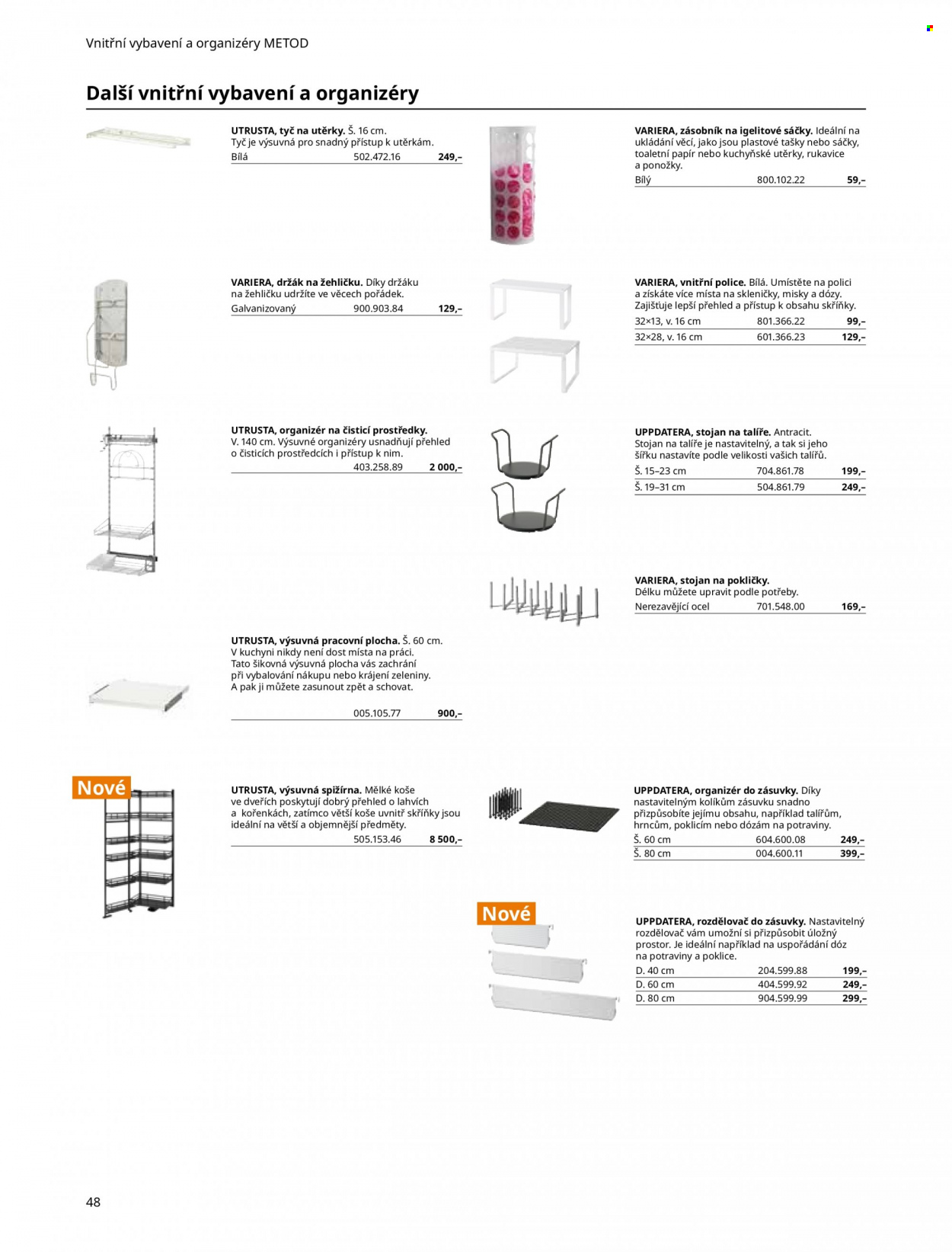 Leták IKEA - Produkty v akci - organizér, sklenice, talíř, miska, zásobník, dóza, Metod, police, organizér do zásuvky, rozdělovač, rukavice, taška. Strana 48.