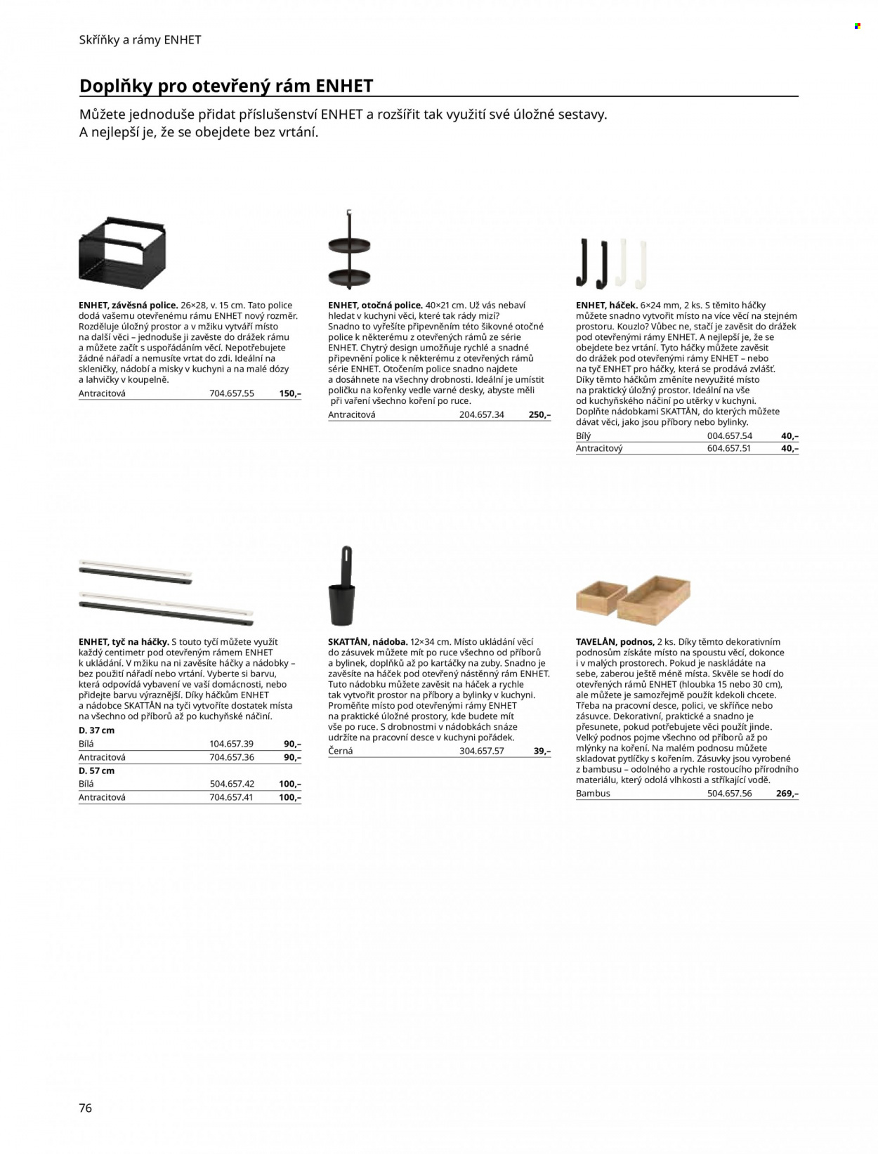 Leták IKEA - Produkty v akci - kuchyňské náčiní, podnos, sklenice, nádobí, miska, dóza, police, utěrka, háček, bylinky, bambus. Strana 76.