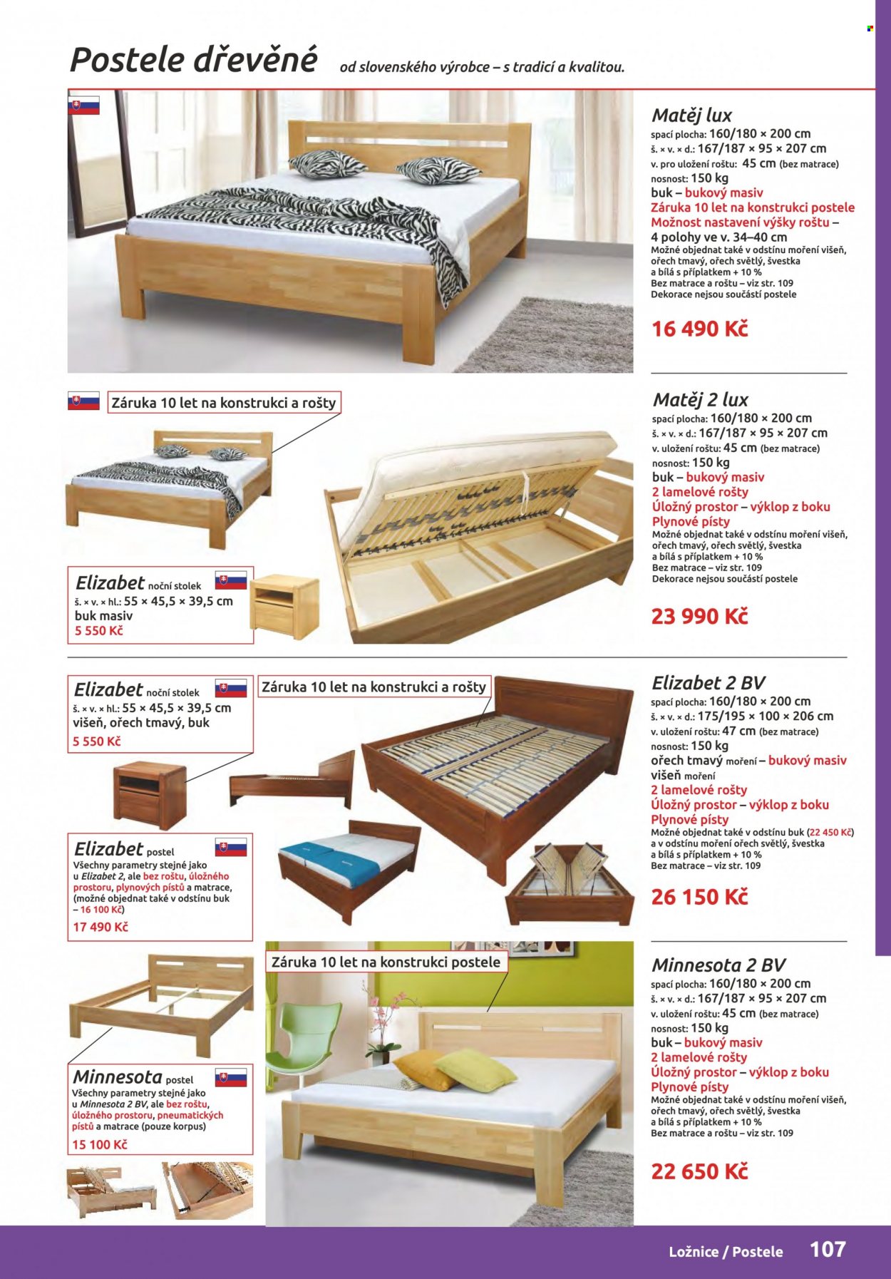 Leták ORFA nábytek - Produkty v akci - stolek, ložnicový systém, postel, rošt, noční stolek. Strana 107.