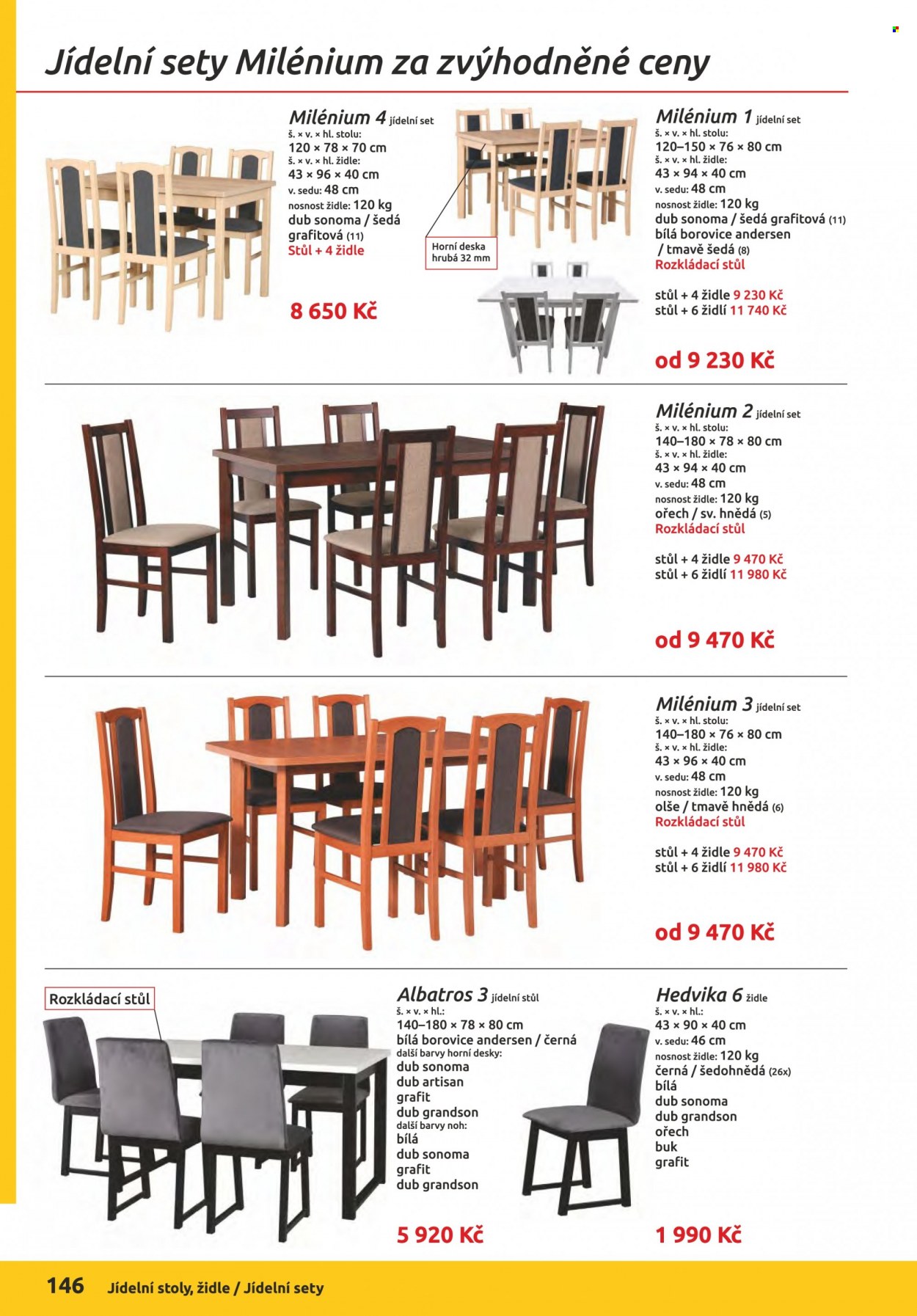 Leták ORFA nábytek - Produkty v akci - jídelní stůl, stůl, židle. Strana 146.