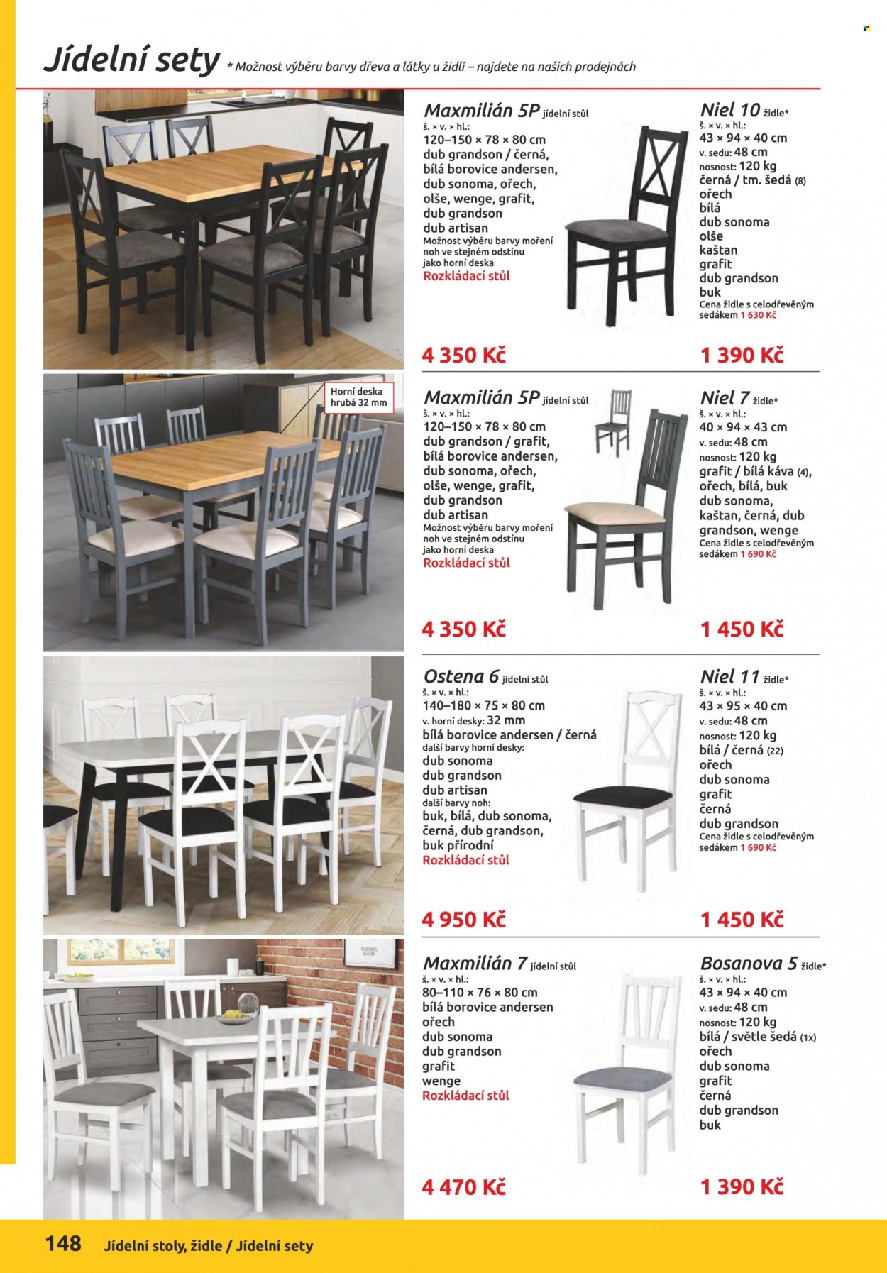 Leták ORFA nábytek - Produkty v akci - jídelní stůl, stůl, židle. Strana 148.