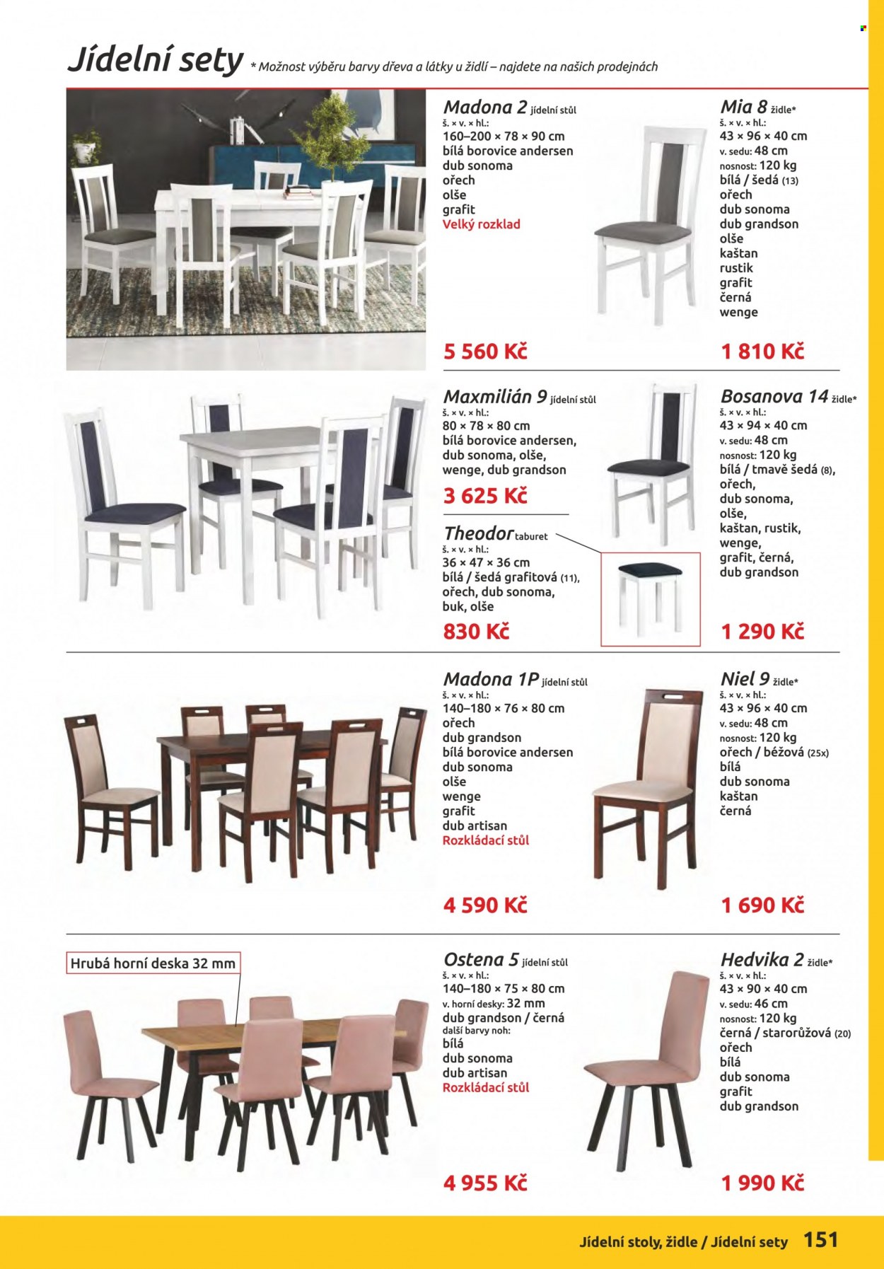 Leták ORFA nábytek - Produkty v akci - jídelní stůl, stůl, židle, taburet. Strana 151.