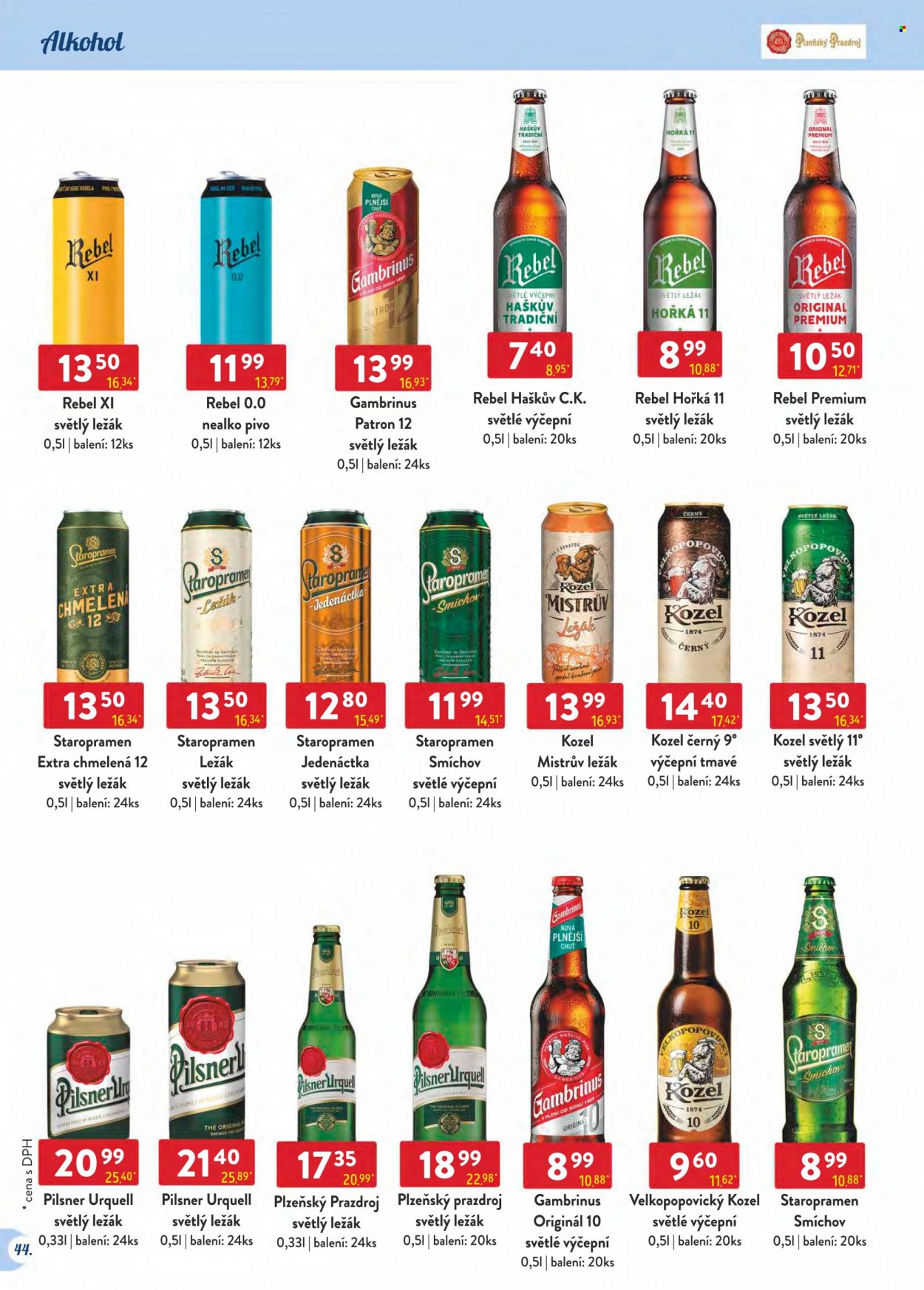 Leták Astur & Qanto velkoobchod - 1.3.2023 - 31.3.2023 - Produkty v akci - Gambrinus, černé pivo, světlé pivo, Staropramen, Velkopopovický Kozel, Mistrův ležák, světlý ležák, ležák, Patron, pivo, nealkoholické pivo, Rebel, Staropramen Smíchov. Strana 44.