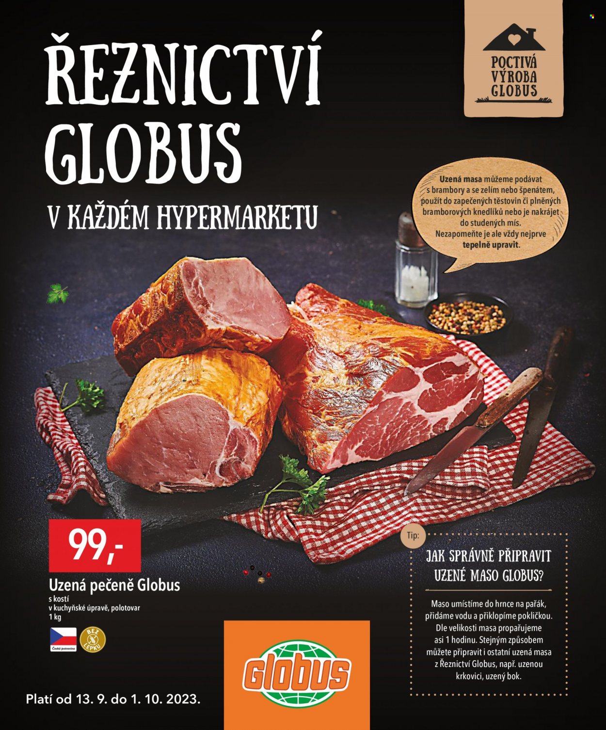 Leták Globus - 13.9.2023 - 1.10.2023 - Produkty v akci - uzená pečeně, uzené maso. Strana 1.