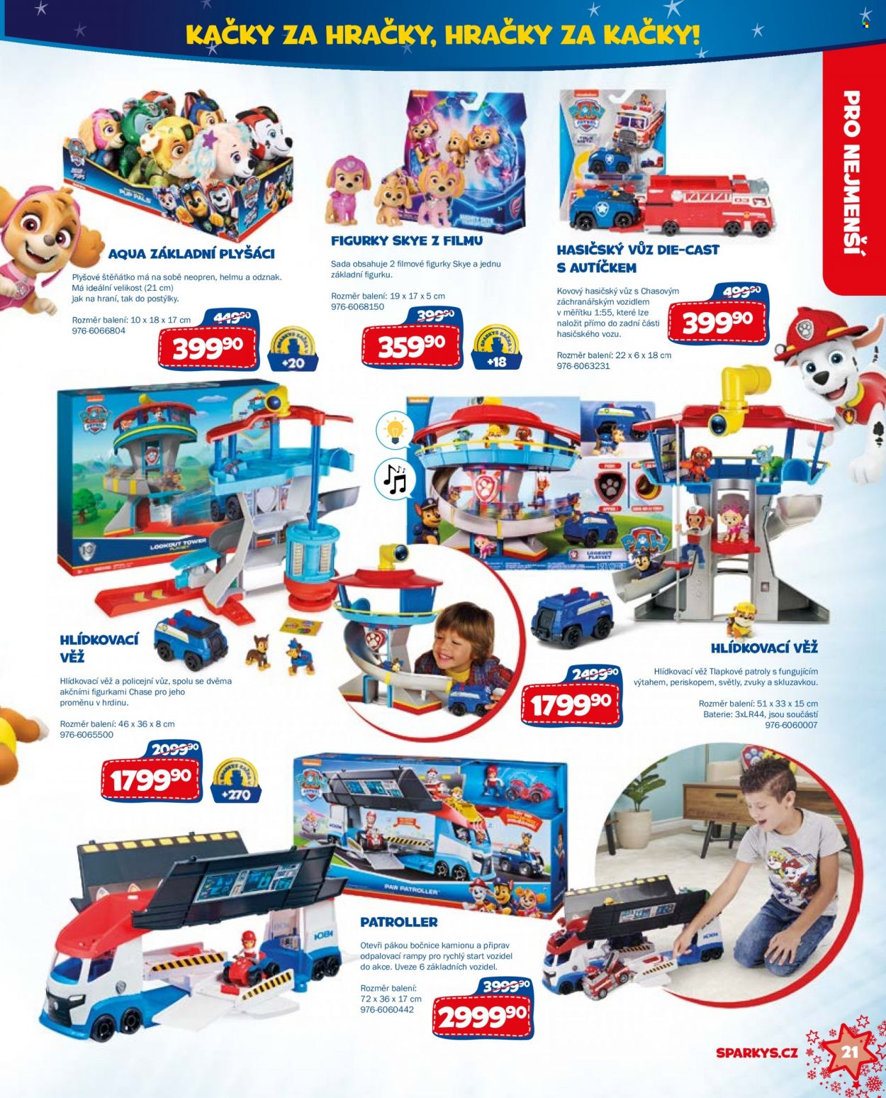 thumbnail - Leták Sparkys - Produkty v akci - plyšový pejsek, hasičské auto, figurka, plyšová hračka, hračky, hlídkovací věž. Strana 21.