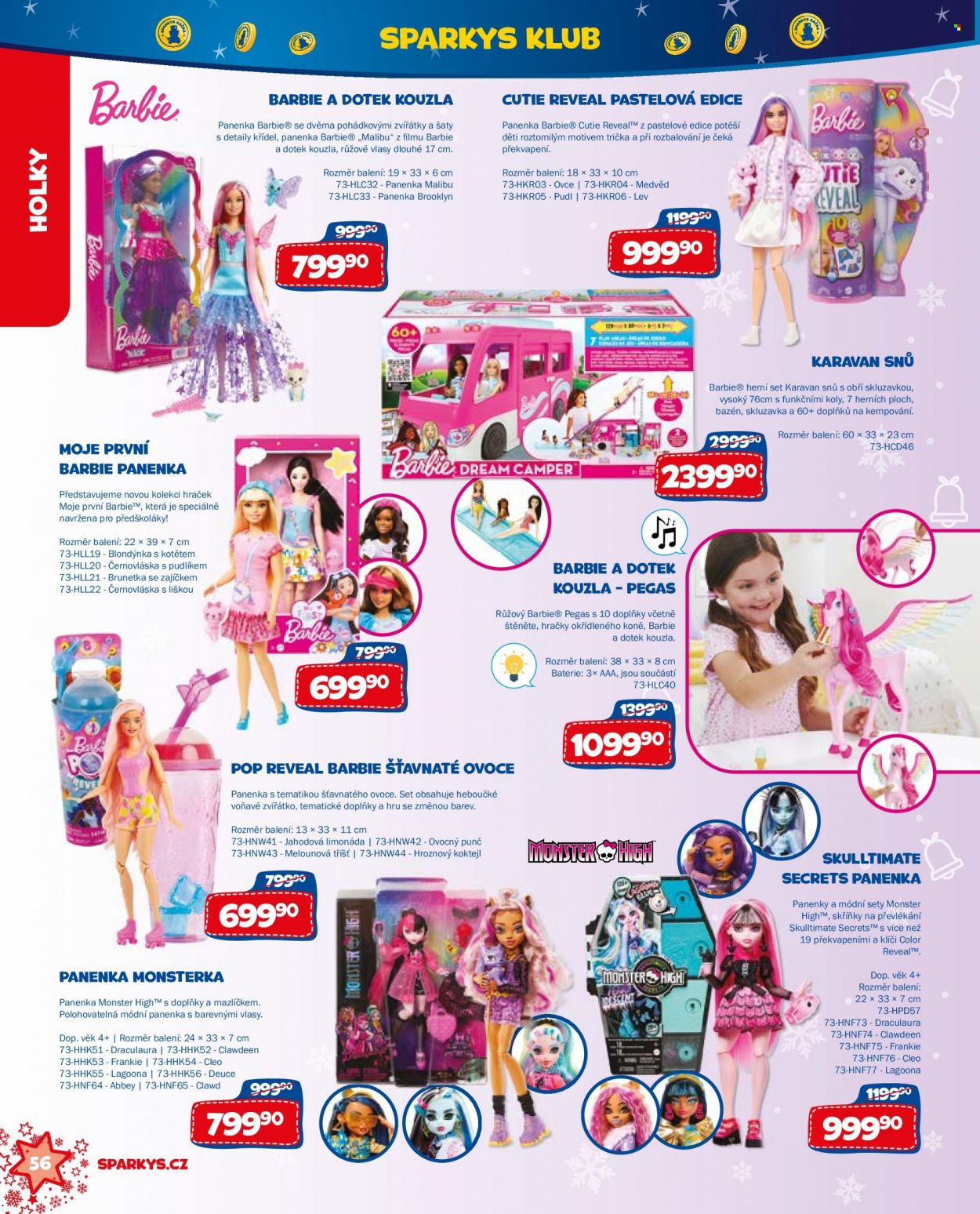thumbnail - Leták Sparkys - Produkty v akci - Barbie, panenka, zvířátko, herní set, hračky, dětská skluzavka, bazén. Strana 56.