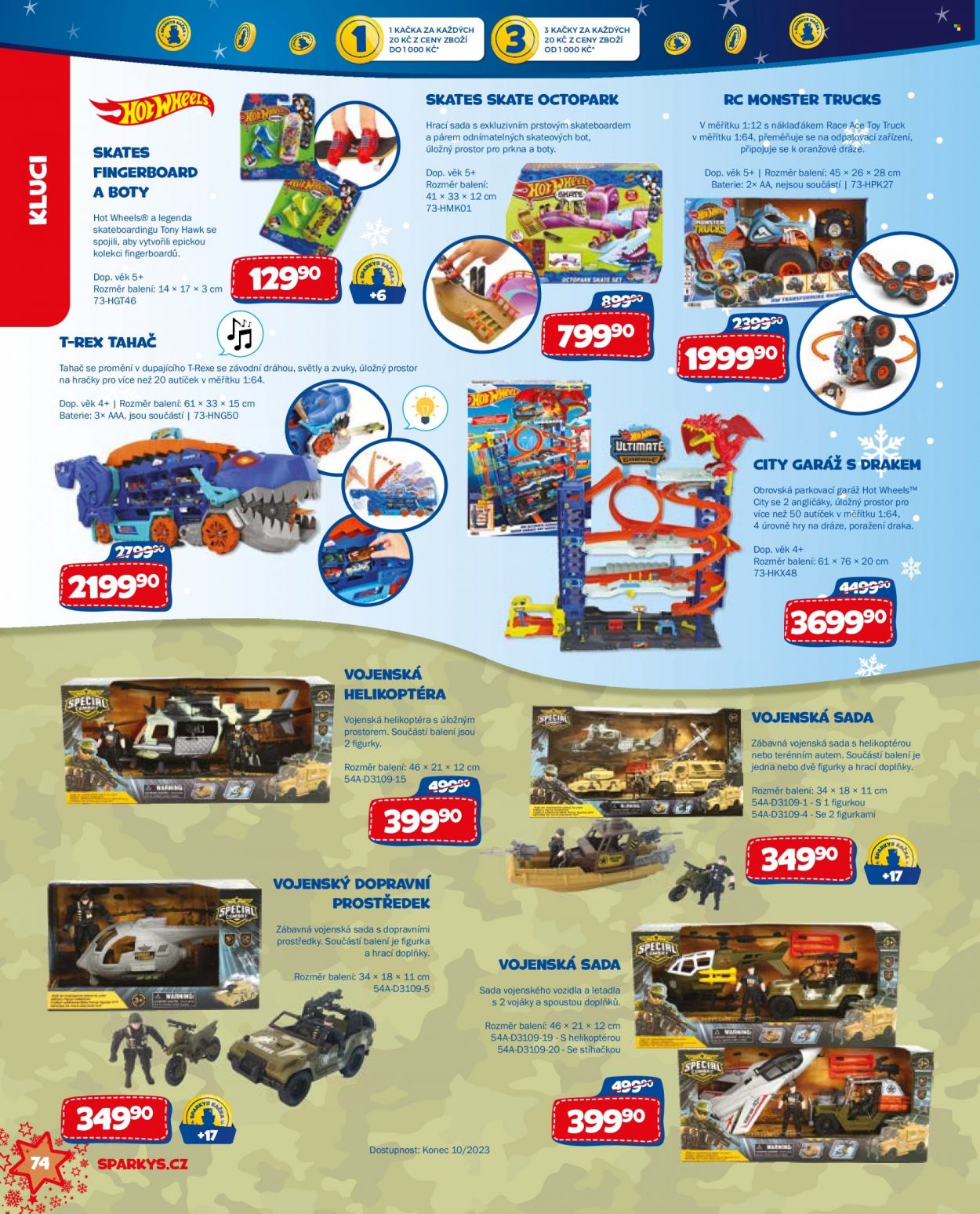 thumbnail - Leták Sparkys - Produkty v akci - Hot Wheels, truck, figurka, helikoptéra, hračky, dětská garáž na autíčka, vojenská sada, T-Rex. Strana 74.