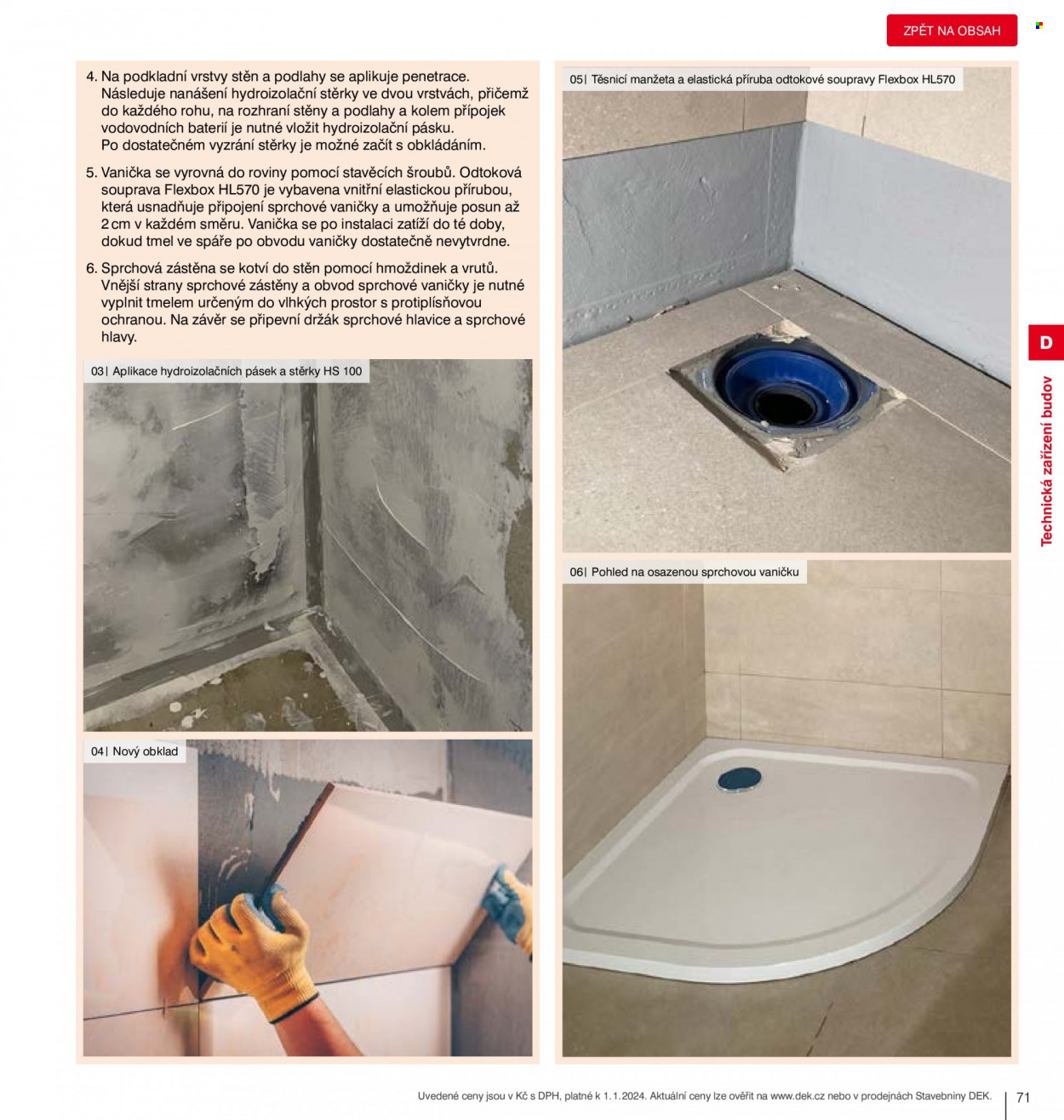 thumbnail - Leták DEK - Produkty v akci - pohled, sprchová vanička, sprchová zástěna, penetrace, podlaha, obklady, tmel. Strana 73.