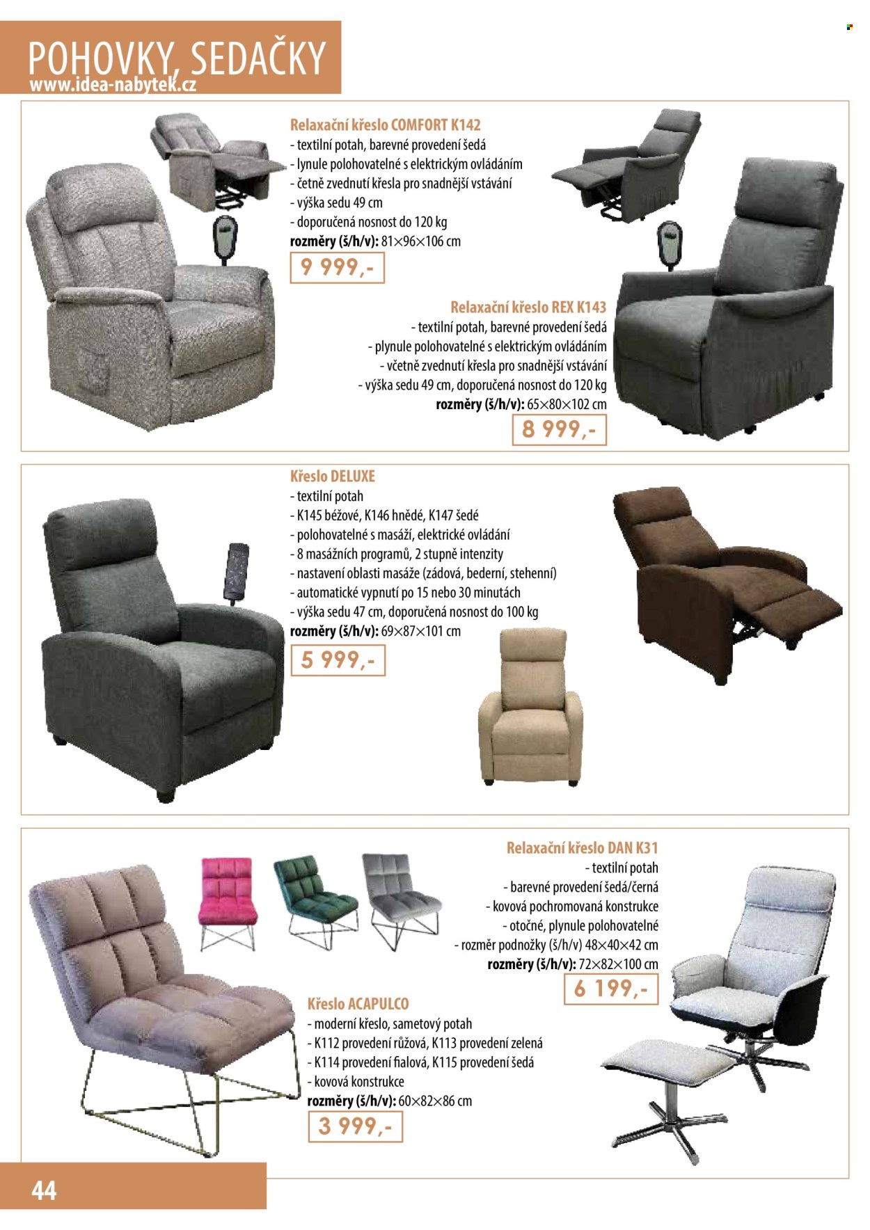 thumbnail - Leták IDEA nábytek - Produkty v akci - křeslo, pohovka, relaxační křeslo, sedačka. Strana 44.