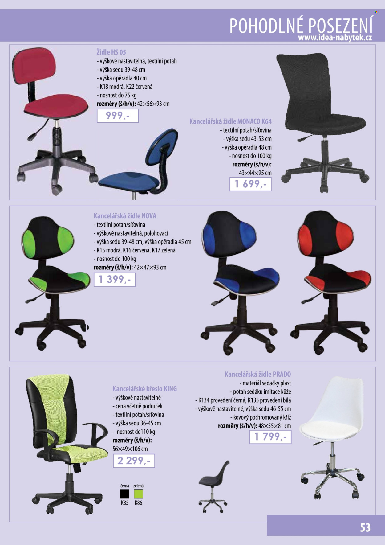 thumbnail - Leták IDEA nábytek - Produkty v akci - židle, sedačka, kancelářská židle. Strana 53.
