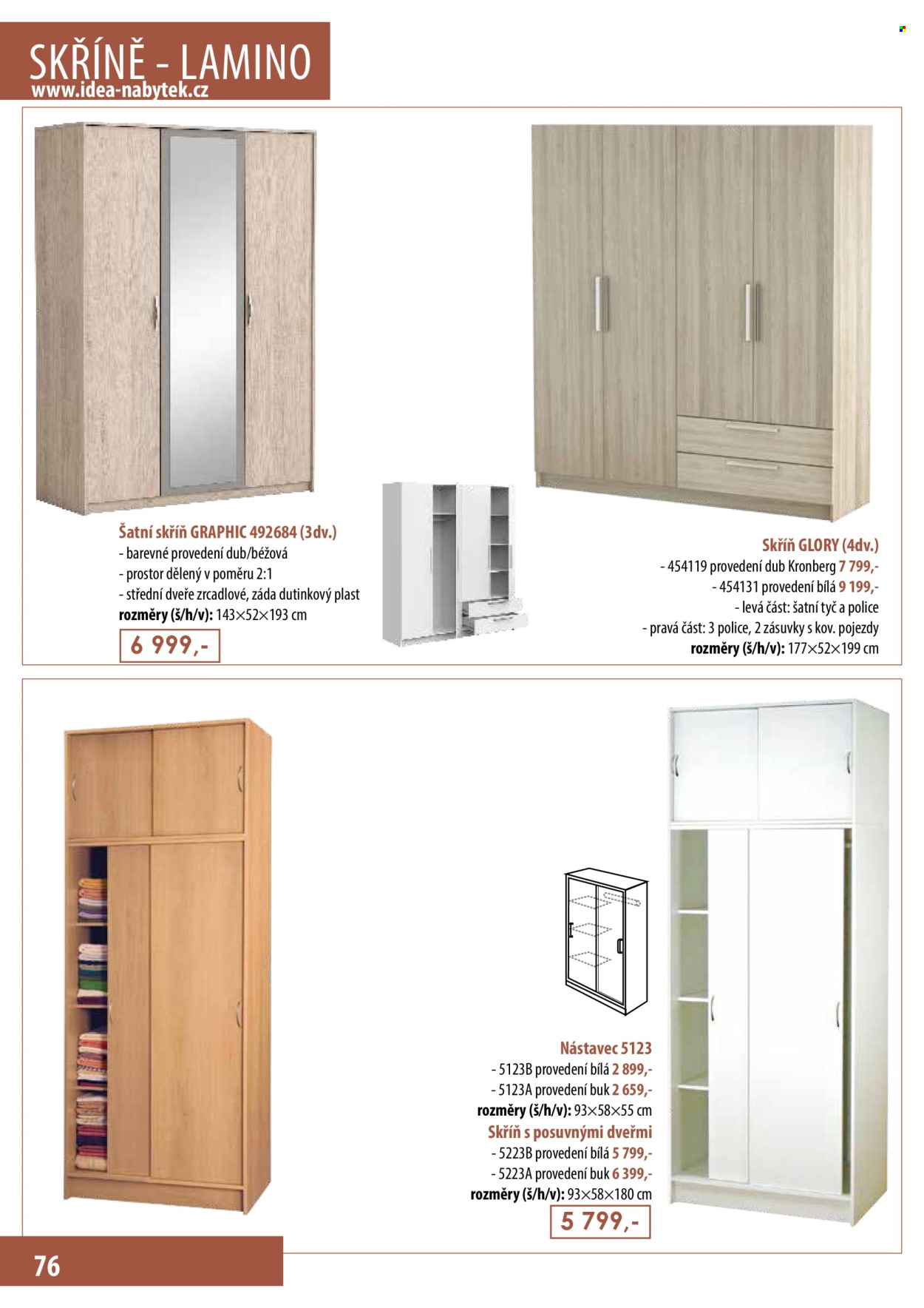 thumbnail - Leták IDEA nábytek - Produkty v akci - skříň, skříň s posuvnými dveřmi, šatní skříň. Strana 76.
