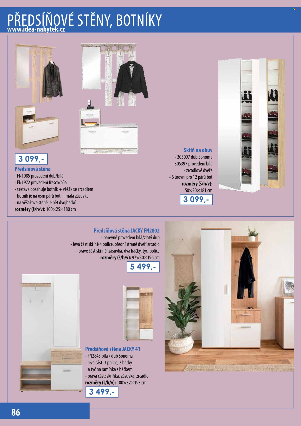thumbnail - Leták IDEA nábytek - Produkty v akci - skříň, předsíňová stěna, botník, věšák, zrcadlo, háček. Strana 86.