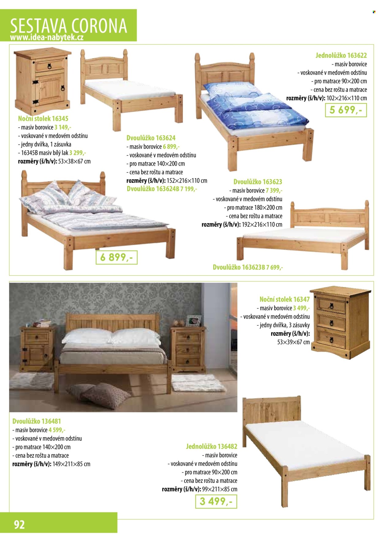 thumbnail - Leták IDEA nábytek - Produkty v akci - stolek, dvoulůžko, postel, matrace, noční stolek. Strana 92.