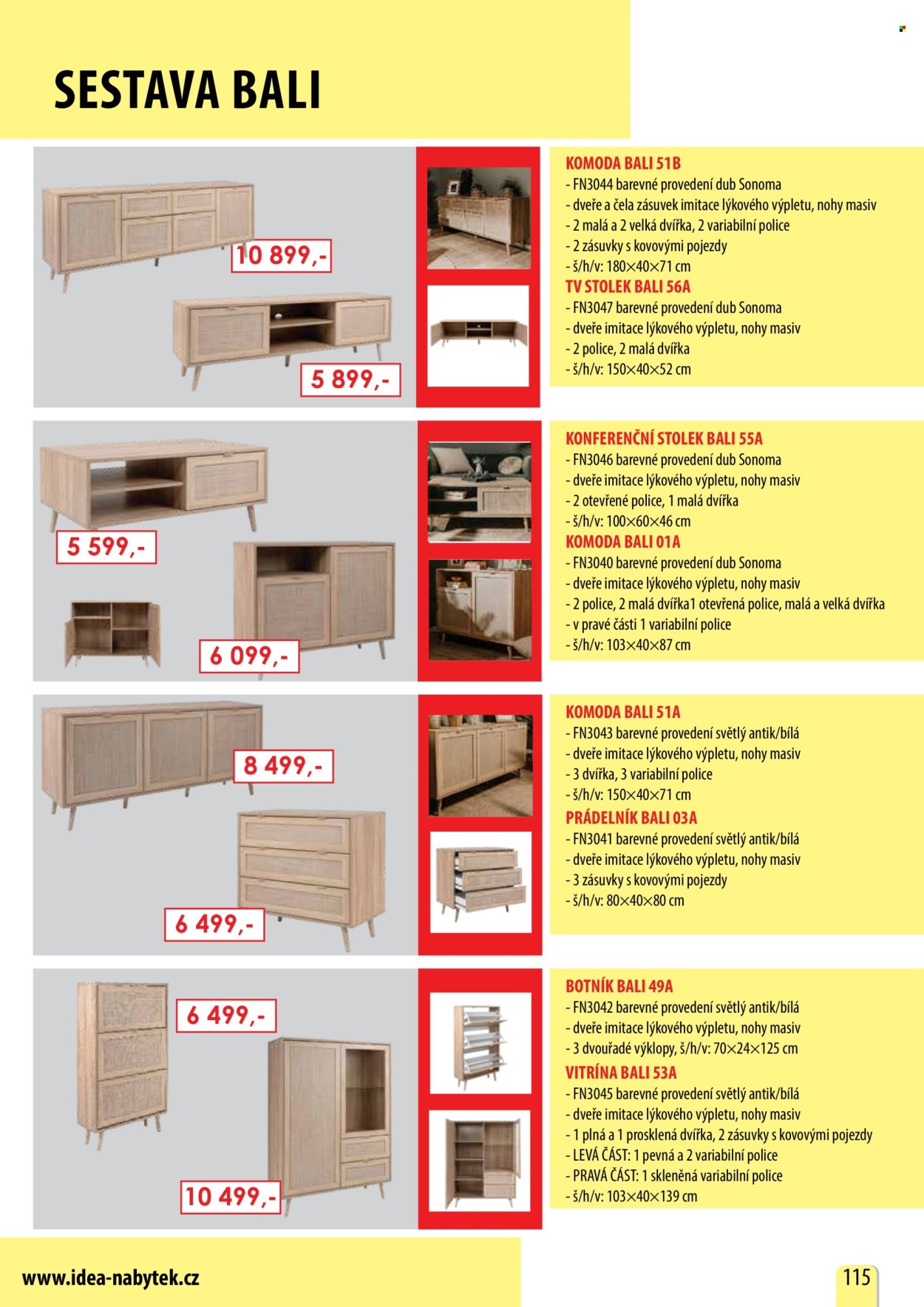 thumbnail - Leták IDEA nábytek - Produkty v akci - stolek, komoda, konferenční stolek, tv stolek, vitrína, prádelník, botník. Strana 115.