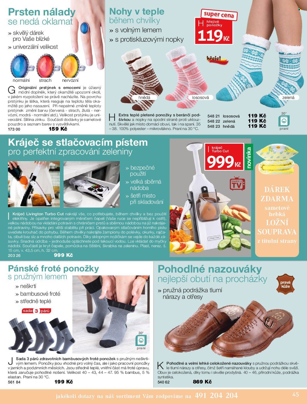 thumbnail - Leták decoDoma - Produkty v akci - Livington, kráječ, škrabka na zeleninu, krouhač, penál, ložní souprava, pracovní oblečení, boty, dámská obuv, ponožky, prsten. Strana 45.