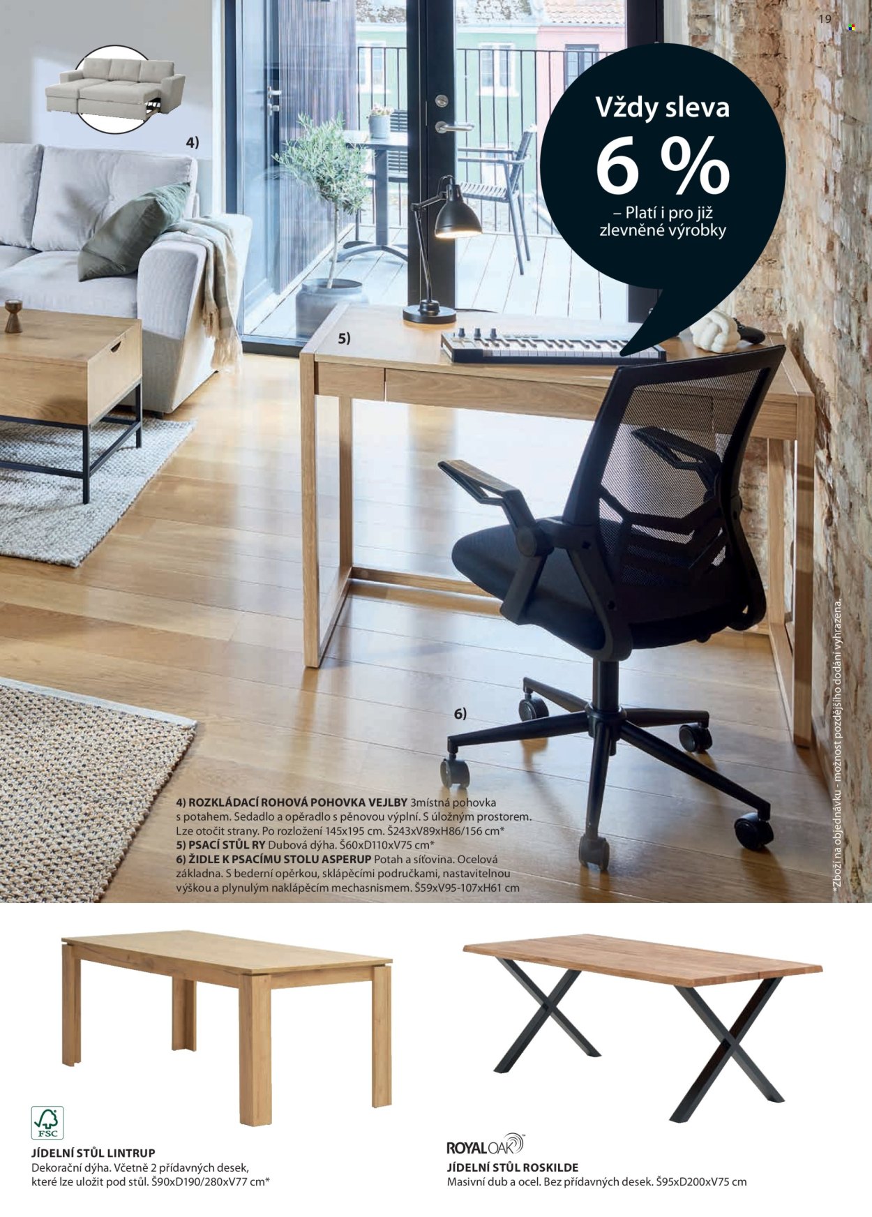 thumbnail - Leták JYSK - Produkty v akci - pohovka, rozkládací pohovka, stůl, psací stůl, židle, kancelářská židle, jídelní stůl. Strana 20.